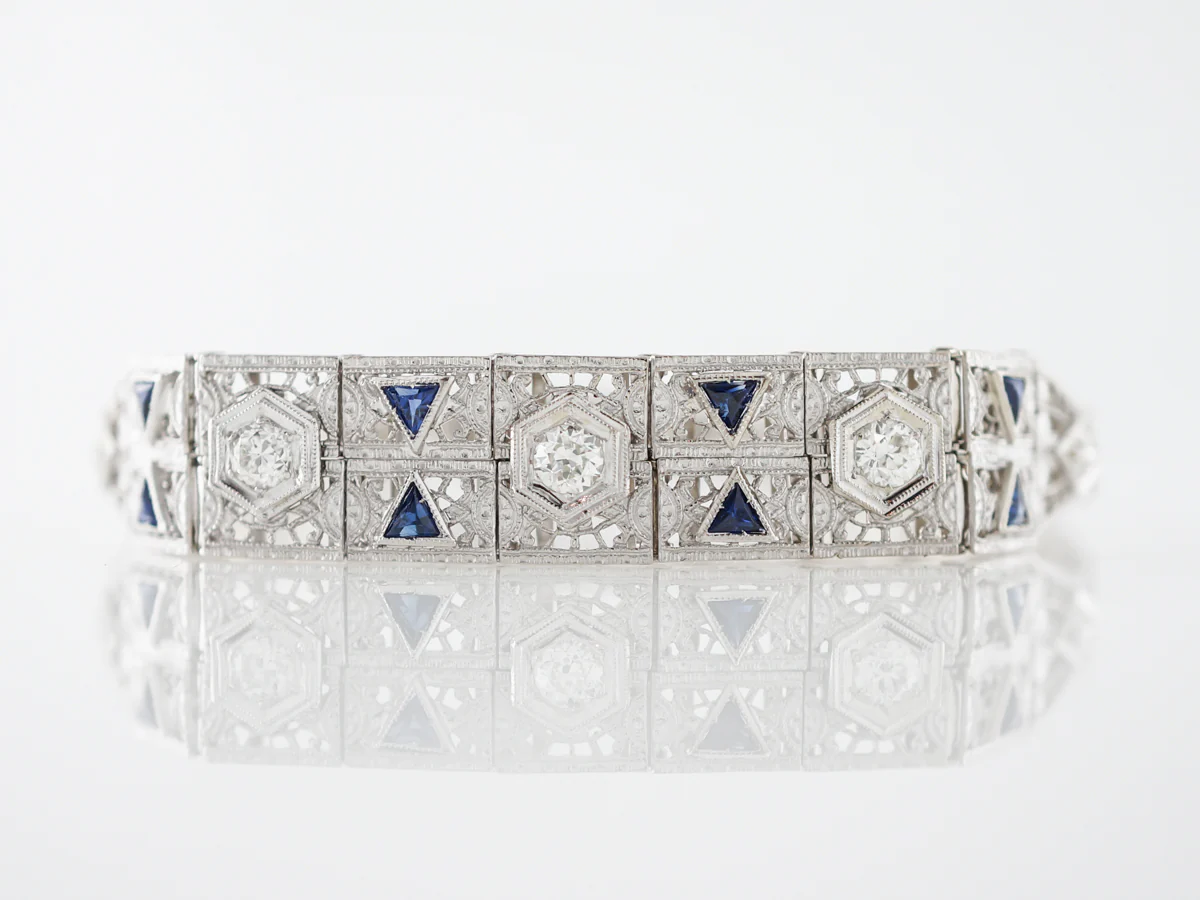 Vintage Bracelet Art Deco .76 Old European Cut Diamond & Sapphire in Platinum & 14k White Gold