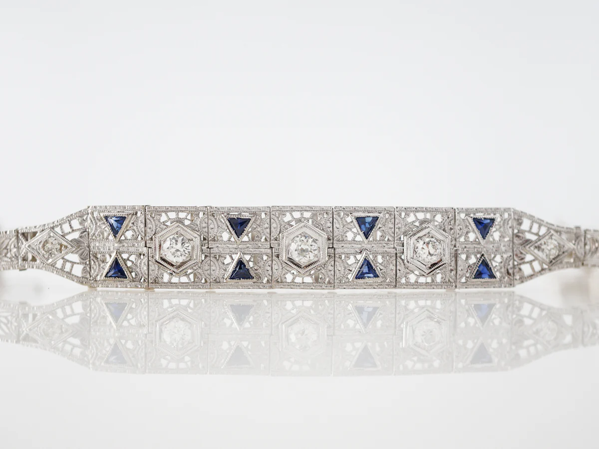 Vintage Bracelet Art Deco .76 Old European Cut Diamond & Sapphire in Platinum & 14k White Gold - Image 3