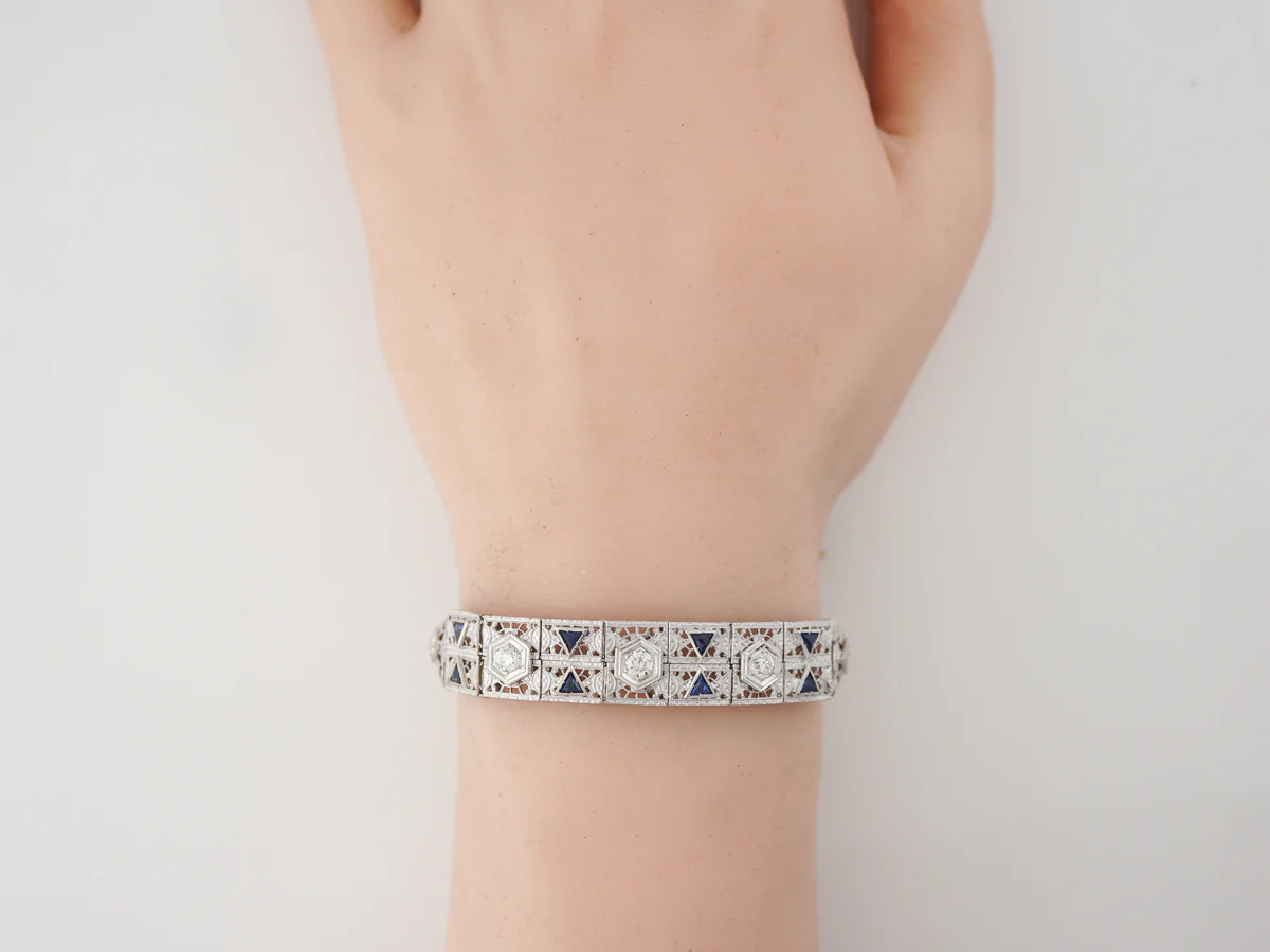 Vintage Bracelet Art Deco .76 Old European Cut Diamond & Sapphire in Platinum & 14k White Gold - Image 4