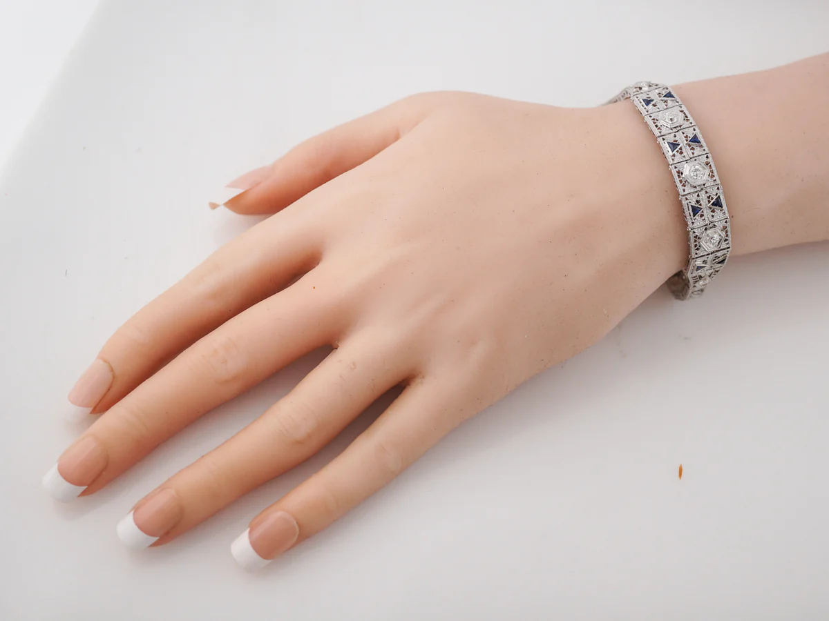 Vintage Bracelet Art Deco .76 Old European Cut Diamond & Sapphire in Platinum & 14k White Gold - Image 5