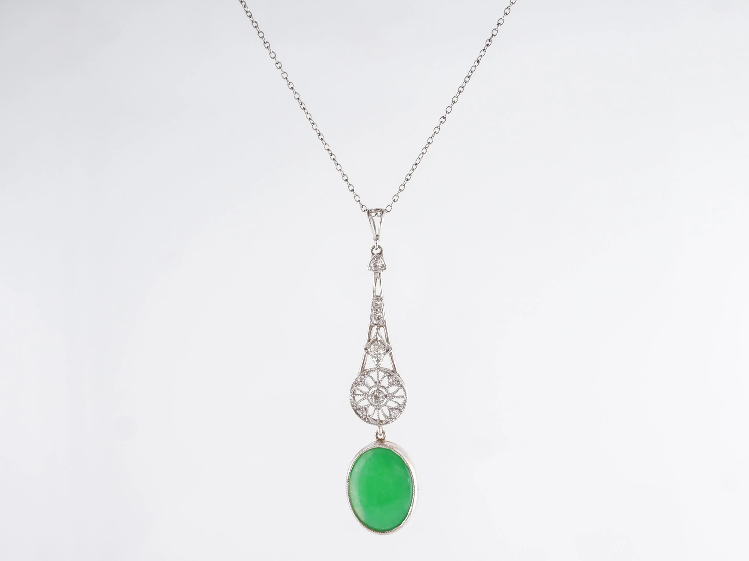 Vintage Cabochon Cut Jade and Diamond Pendant Necklace