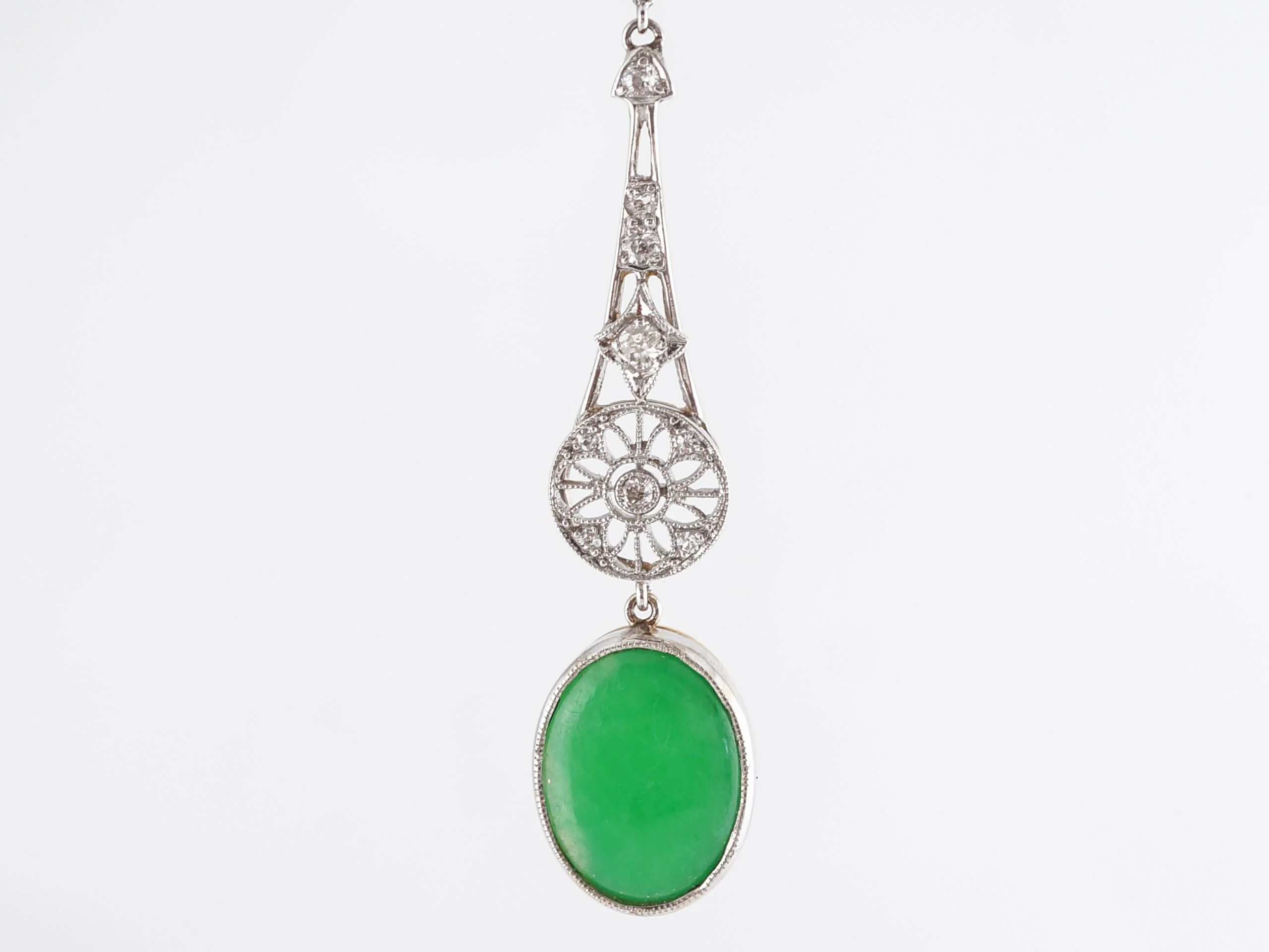 Vintage Cabochon Cut Jade and Diamond Pendant Necklace - Image 2