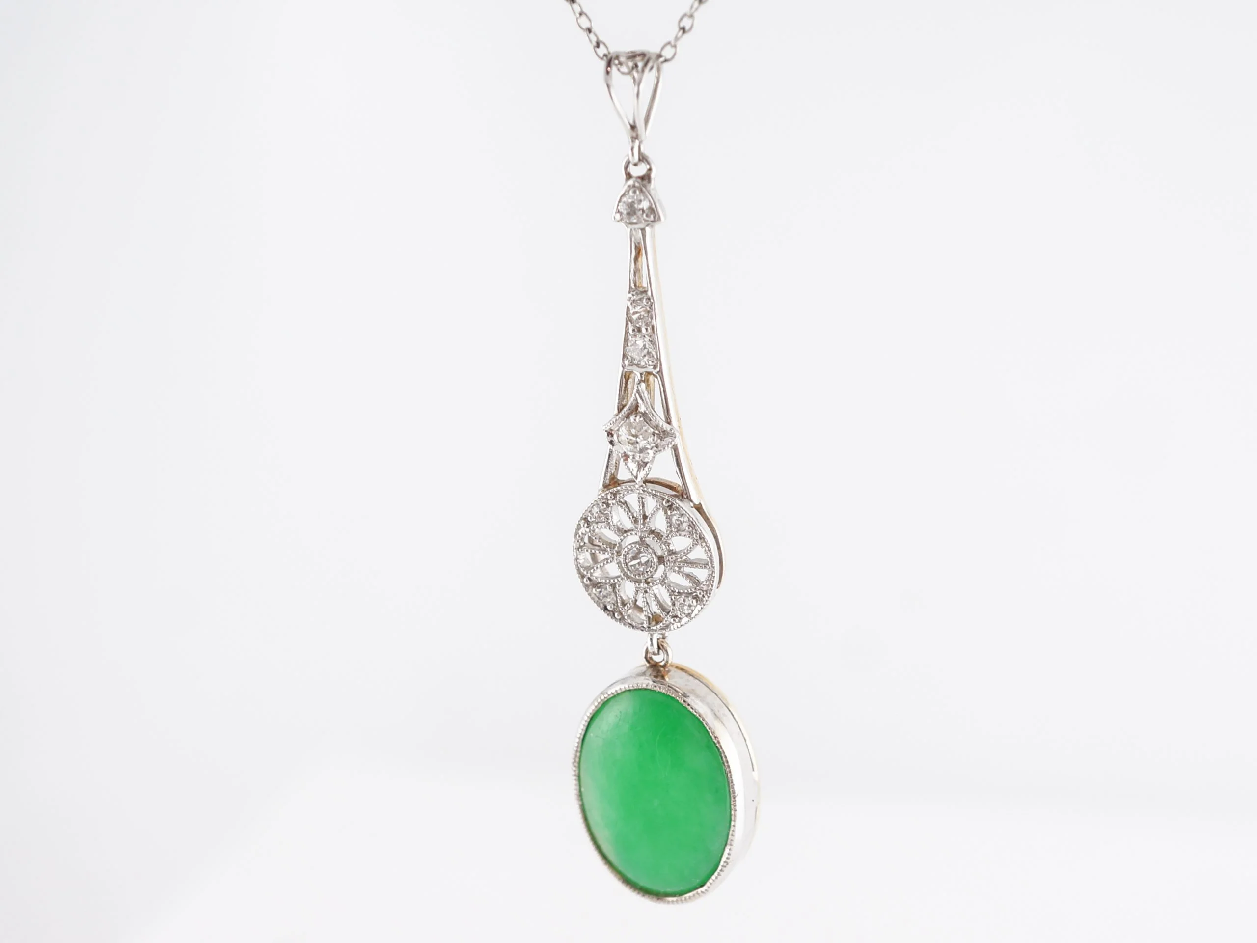 Vintage Cabochon Cut Jade and Diamond Pendant Necklace - Image 3
