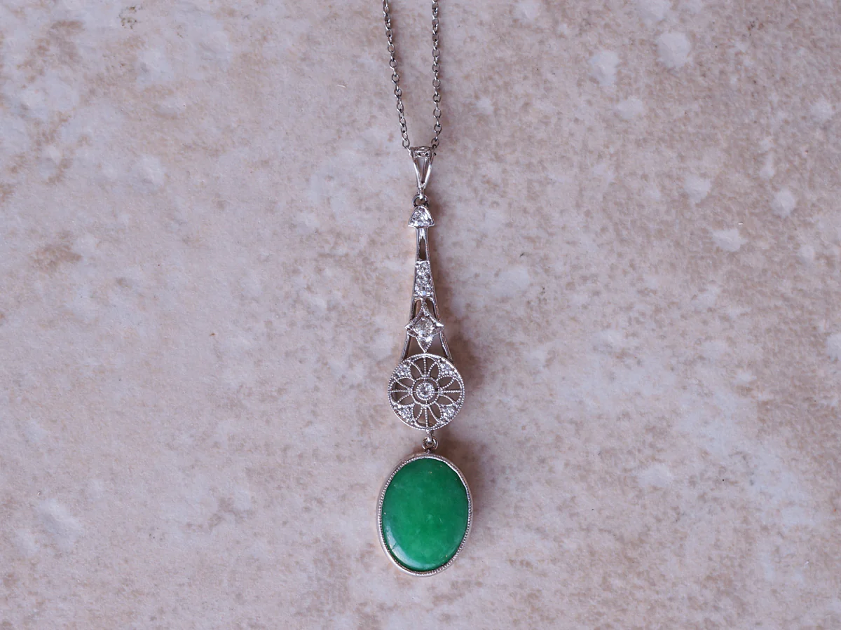 Vintage Cabochon Cut Jade and Diamond Pendant Necklace - Image 4