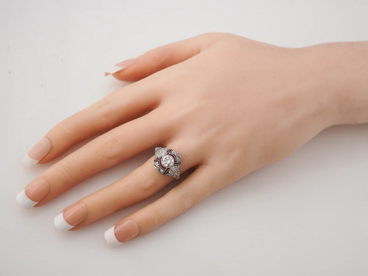 Vintage Cocktail Ring Art Deco .74 Old European Cut Diamond in Platinum - Image 7