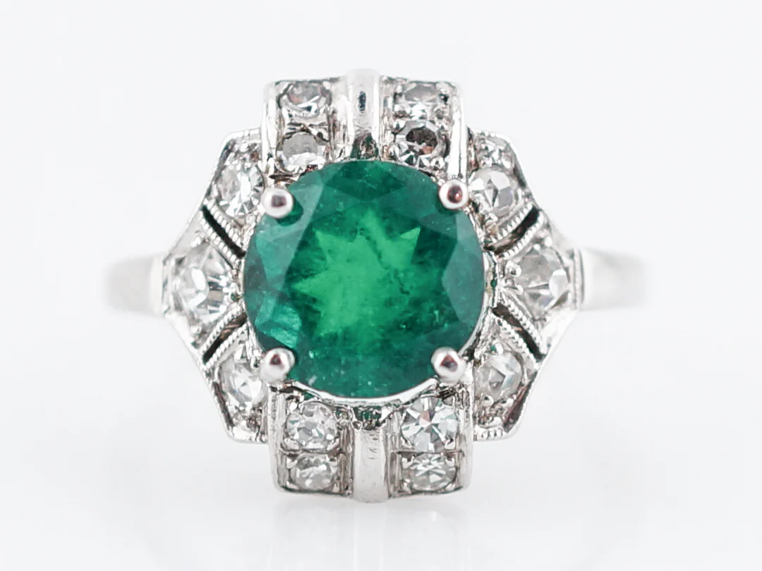 Vintage Cocktail Ring Mid-Century 1.47 Round Brilliant Cut Emerald & Diamonds in Platinum - Image 2