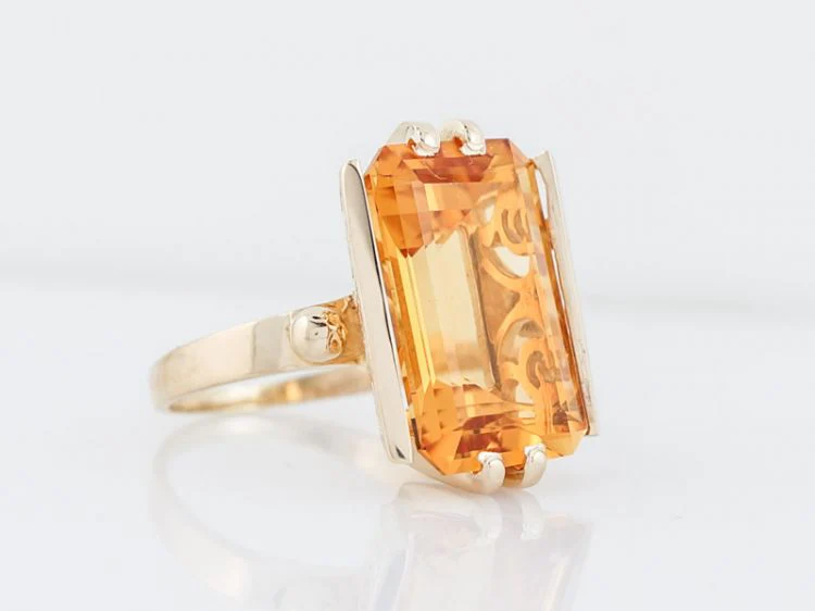 Vintage Cocktail Ring Mid-Century 10.33 Emerald Cut Citrine in 14k Yellow Gold - Image 2
