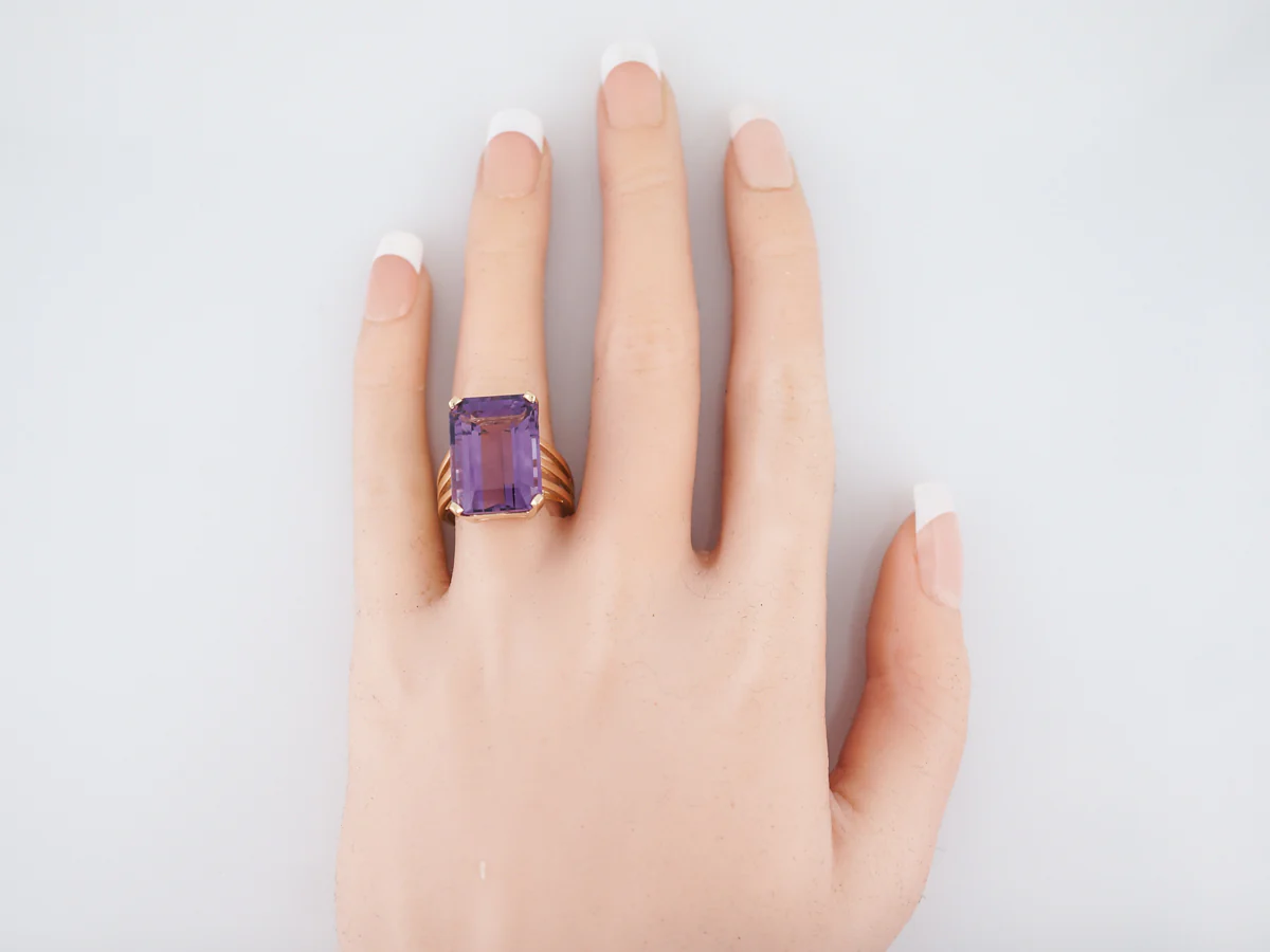 Vintage Cocktail Ring Mid-Century 14.06 Emerald Cut Amethyst in 14K Yellow Gold - Image 6