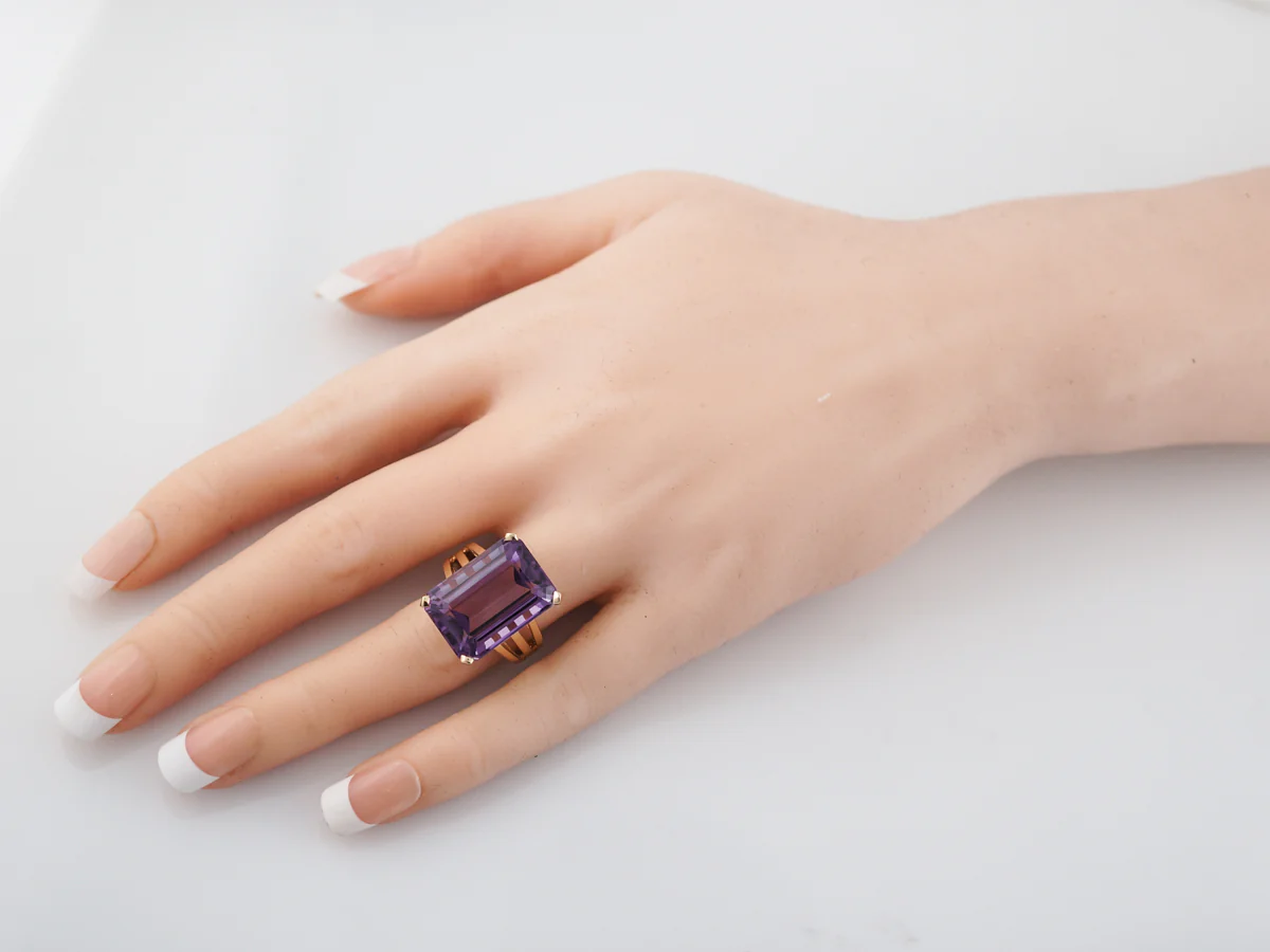 Vintage Cocktail Ring Mid-Century 14.06 Emerald Cut Amethyst in 14K Yellow Gold - Image 7