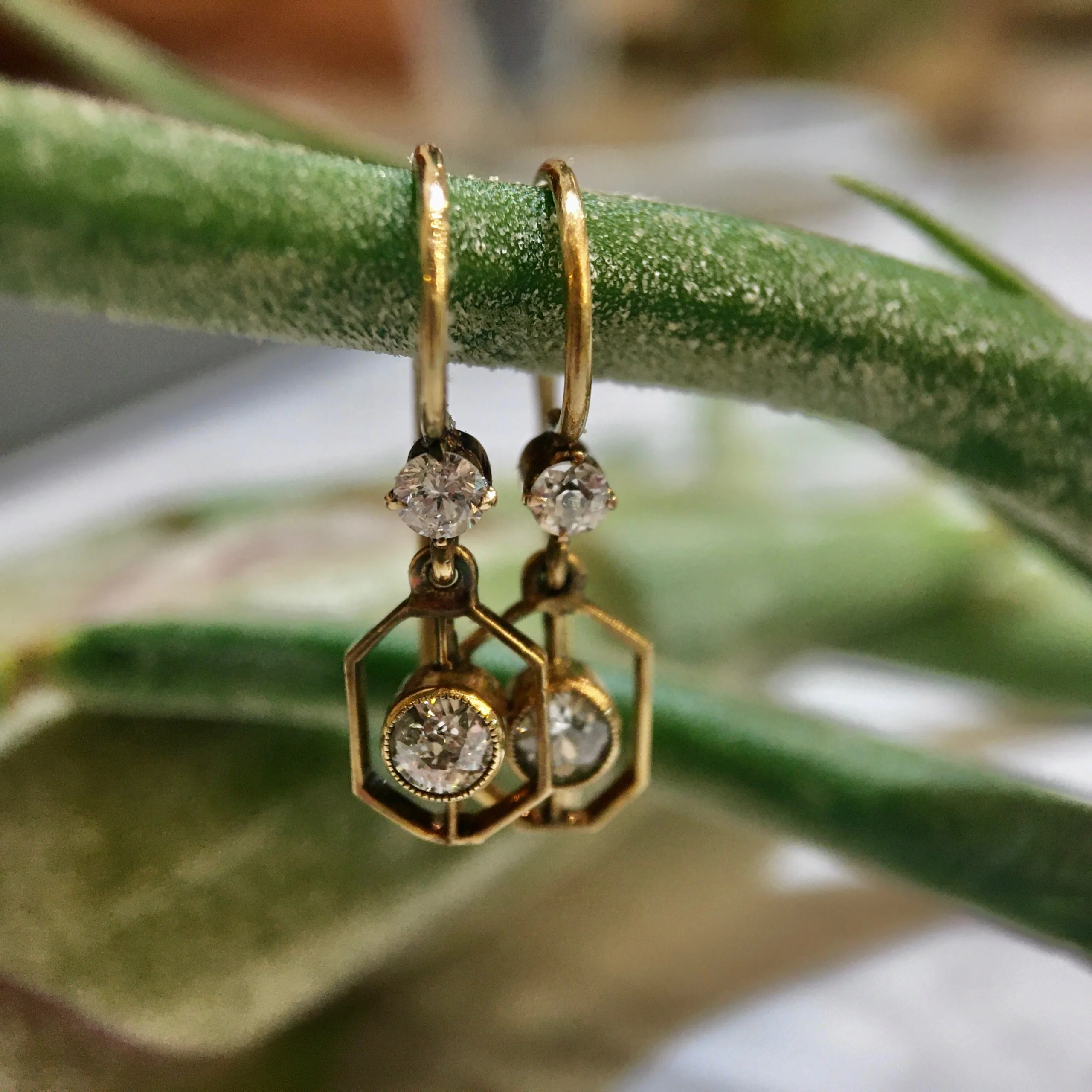 Vintage Deco Diamond Earrings 14k Yellow Gold - Image 6