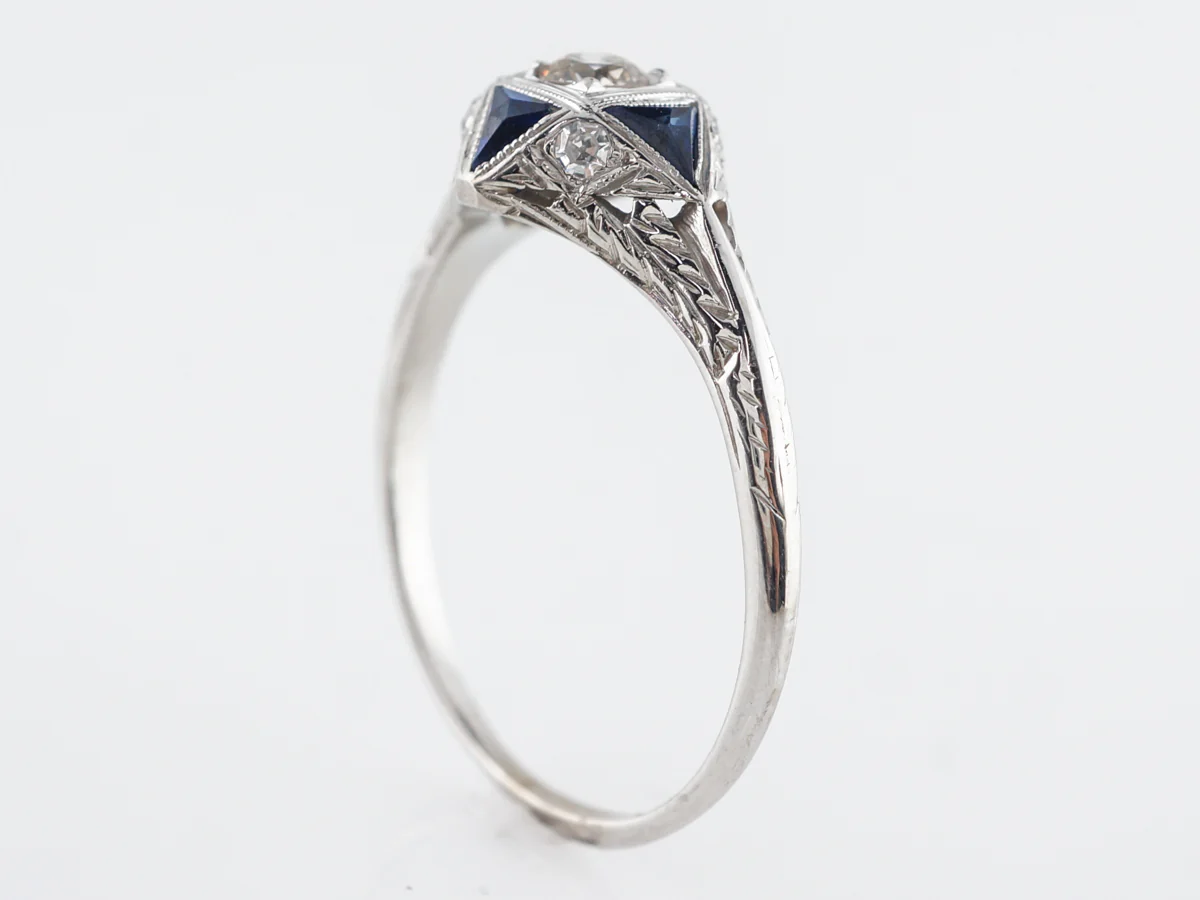 Vintage Deco Diamond w/ Sapphire Engagement Ring in 18K - Image 4