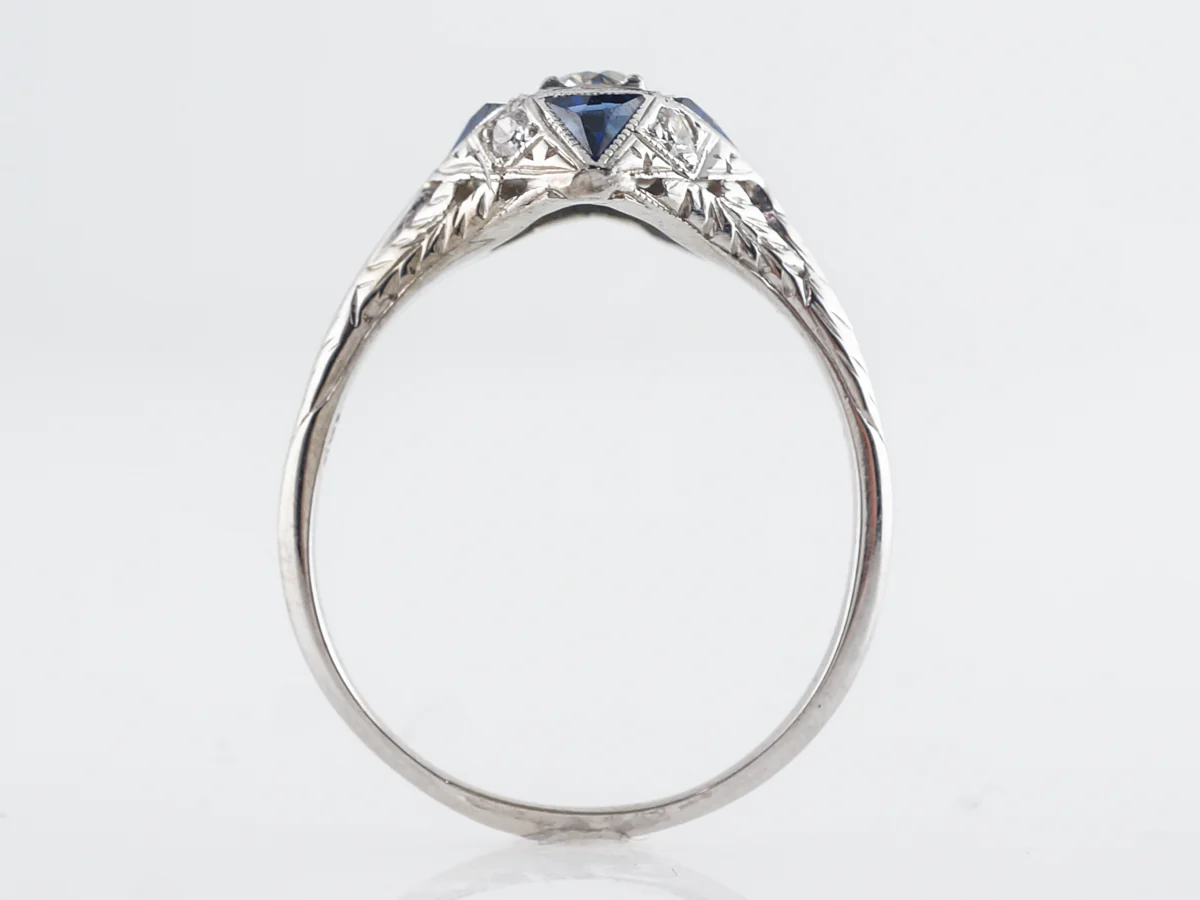 Vintage Deco Diamond w/ Sapphire Engagement Ring in 18K - Image 5