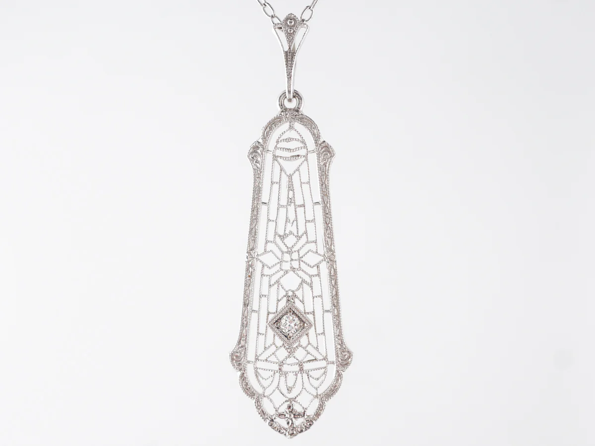 Vintage Deco Filigree Diamond Pendant in White Gold