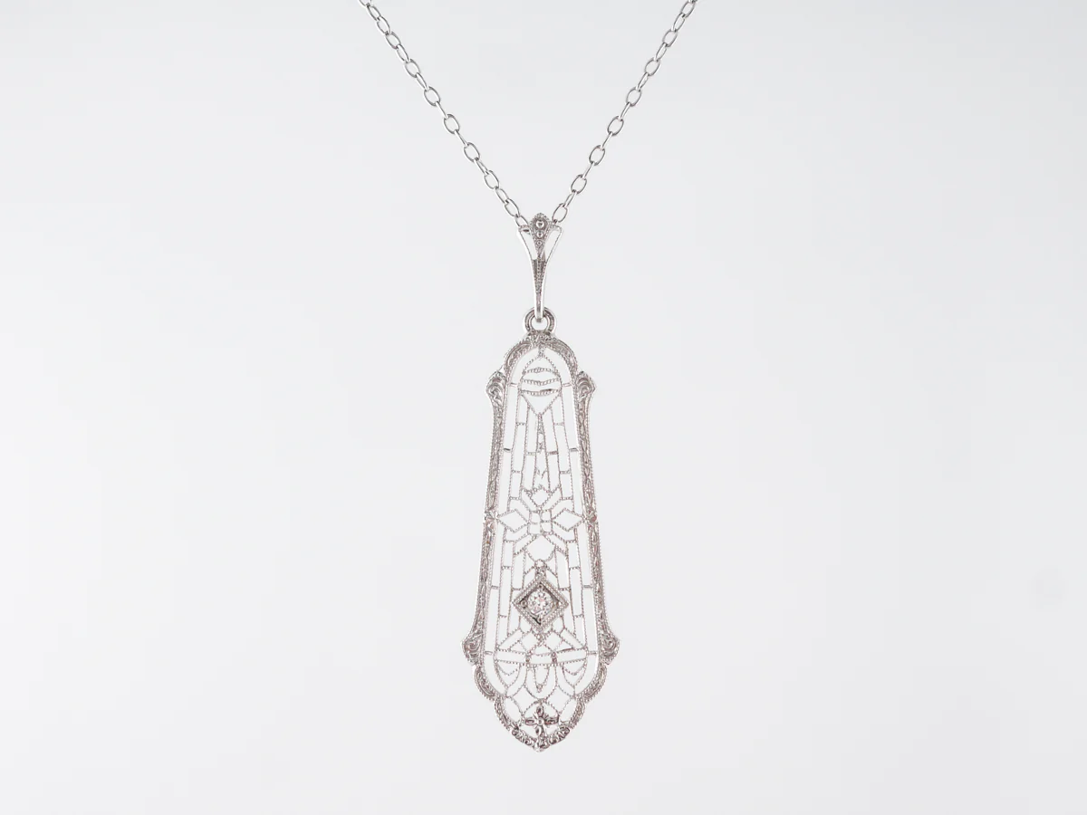 Vintage Deco Filigree Diamond Pendant in White Gold - Image 2