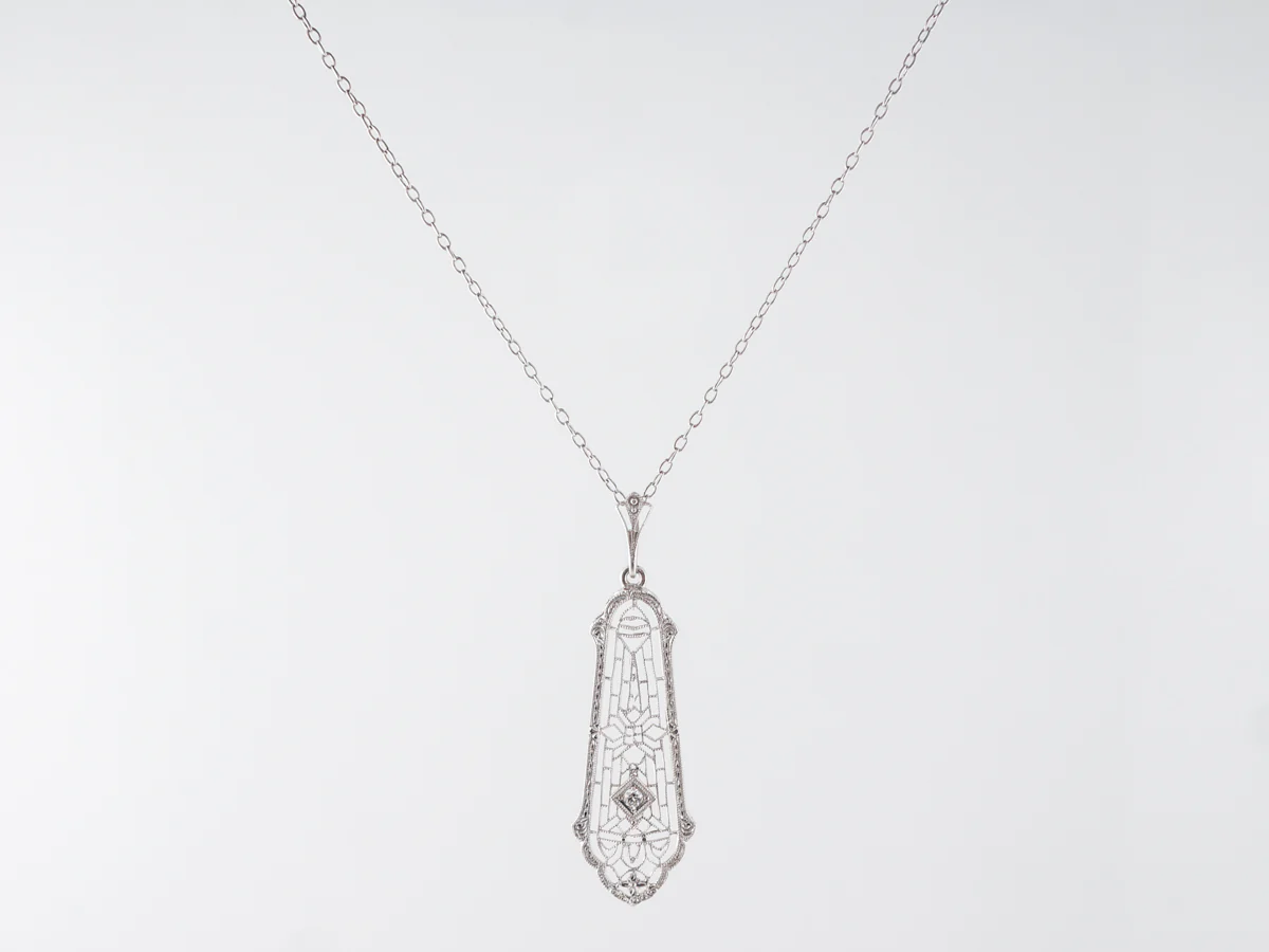 Vintage Deco Filigree Diamond Pendant in White Gold - Image 3