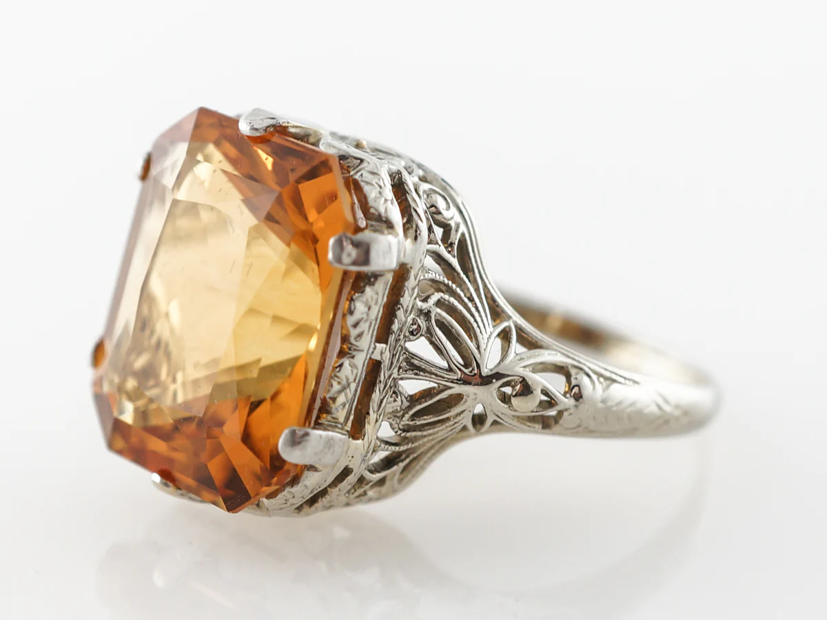 Vintage Deco Madeira Citrine Filigree Ring in White Gold - Image 2