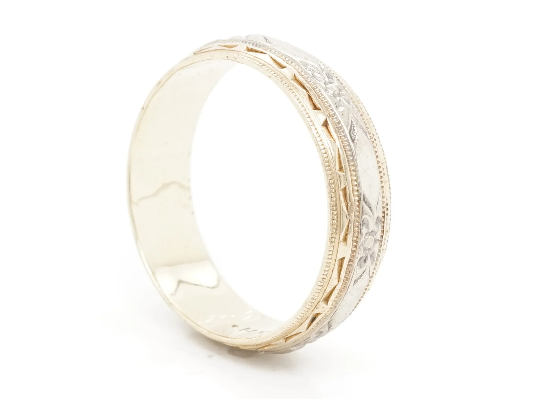 Vintage Deco Two-Tone Engraved Wedding Band in 14K - Image 2