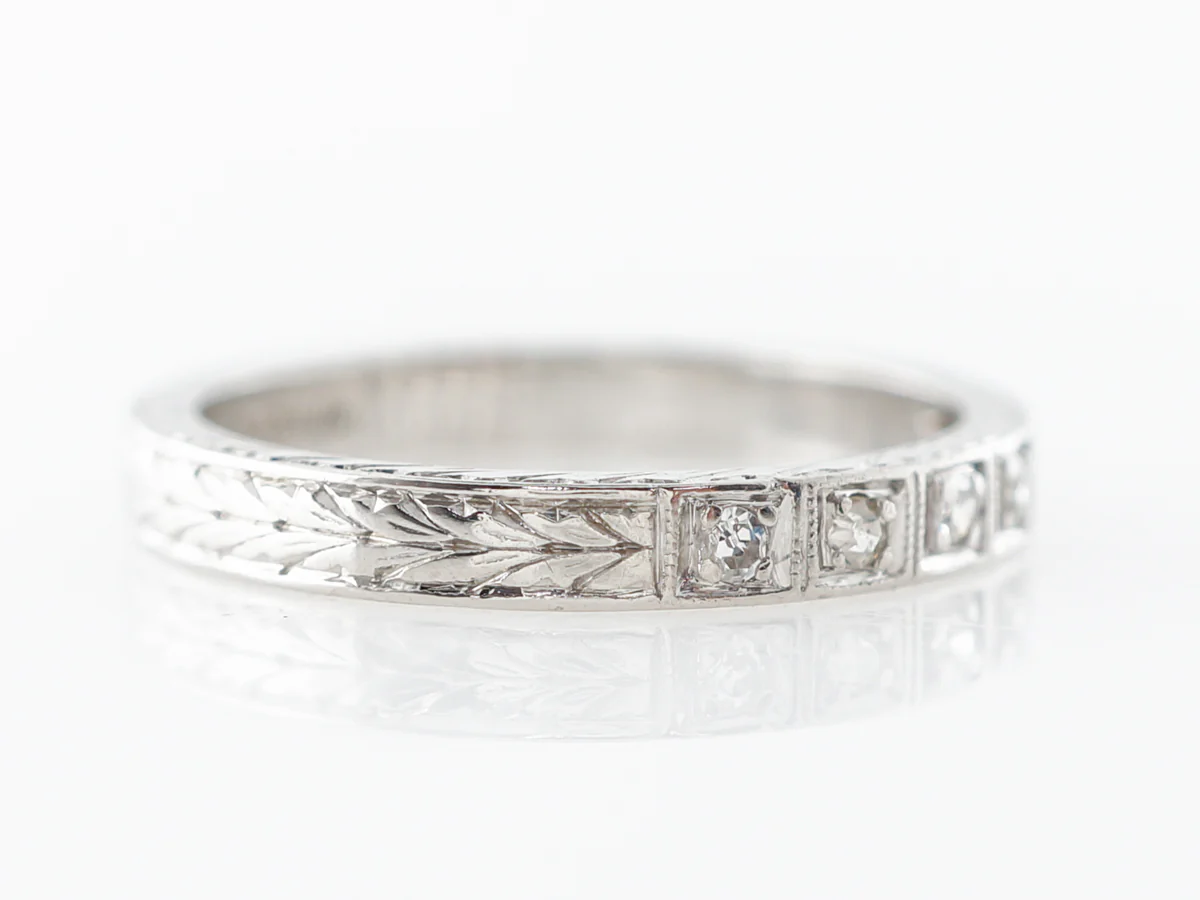 Vintage Diamond & Engraved Wedding Band in Platinum - Image 3