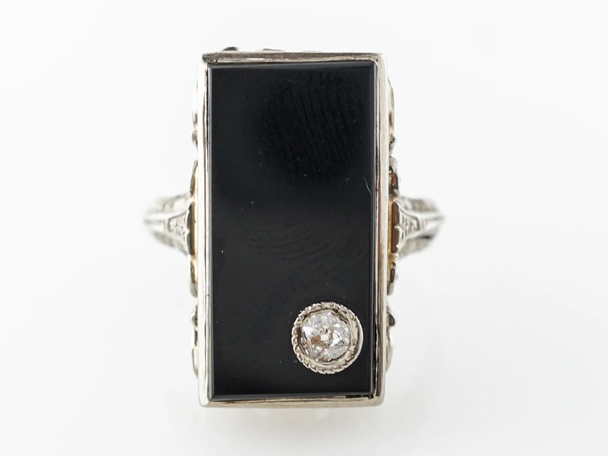 Vintage Diamond & Onyx Ring in 14k White Gold