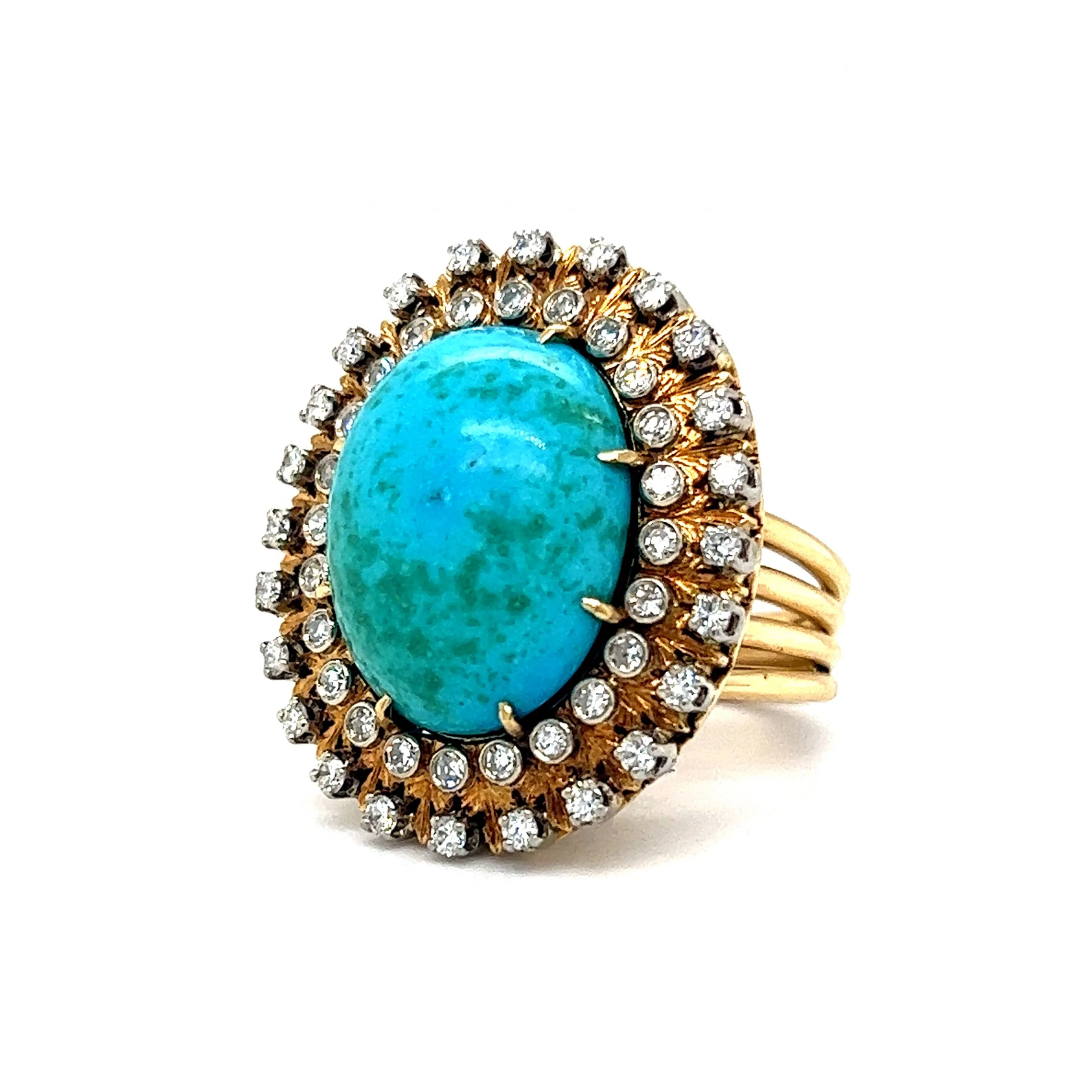 Vintage Double Diamond Halo Turquoise Ring in 18k Yellow Gold - Image 2