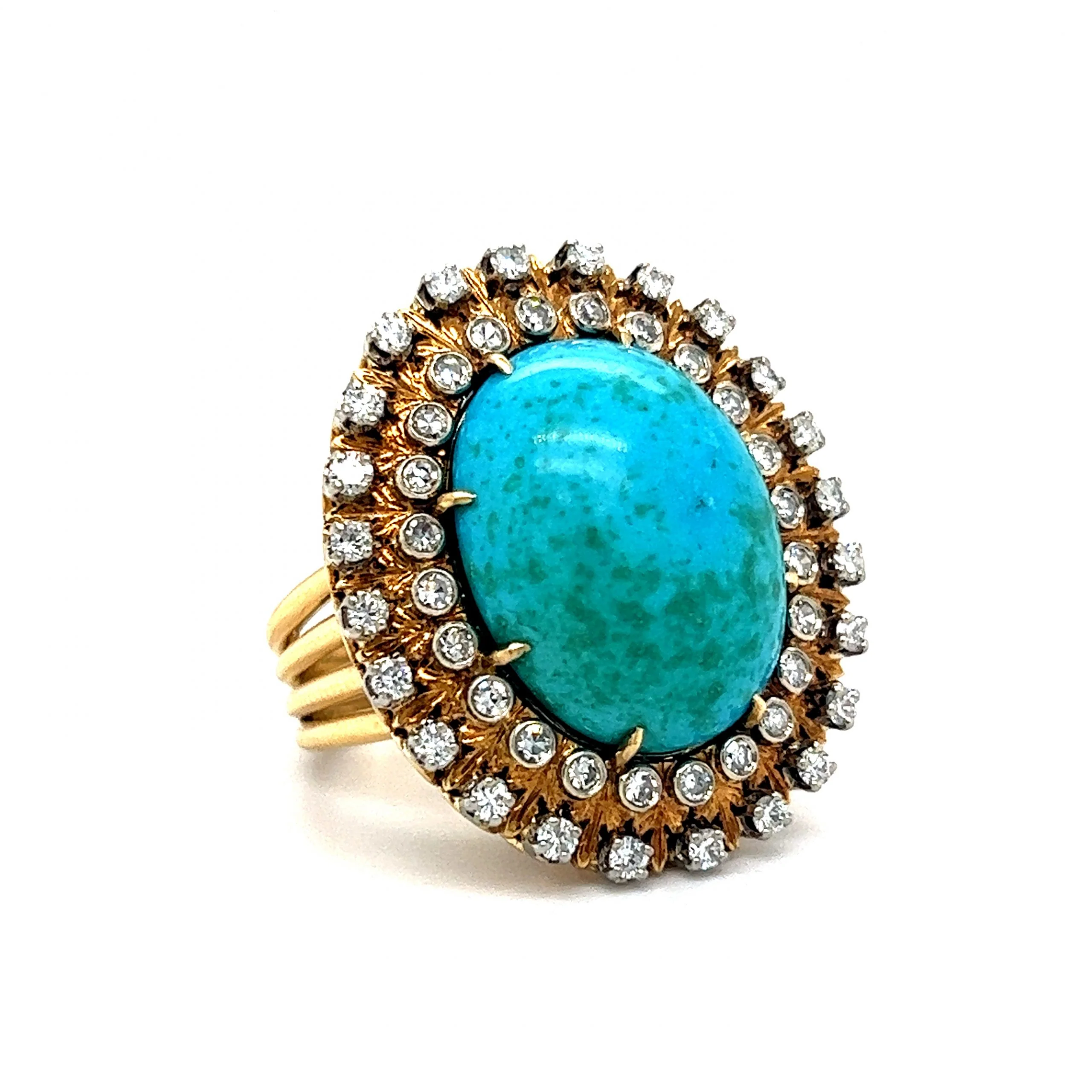 Vintage Double Diamond Halo Turquoise Ring in 18k Yellow Gold - Image 3