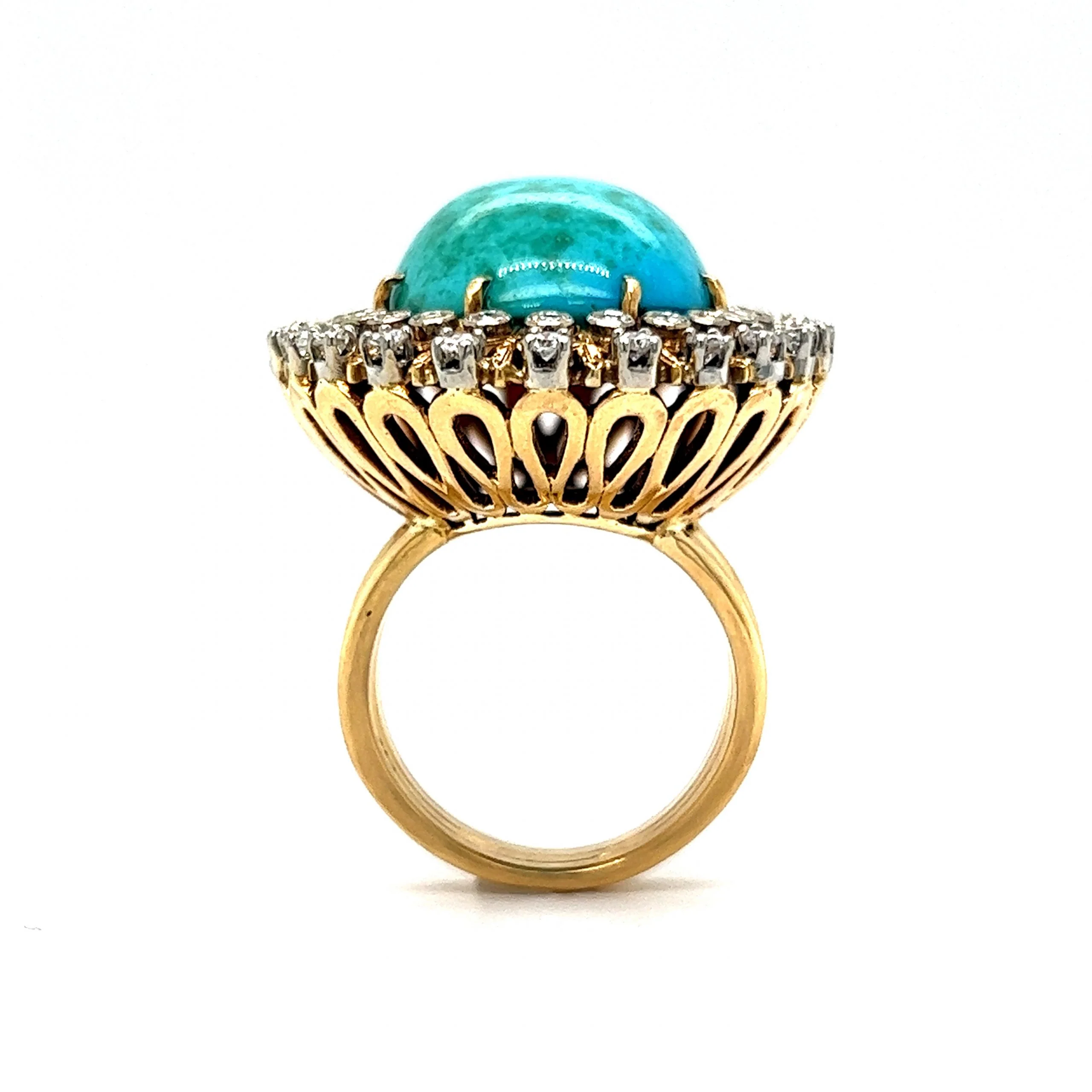Vintage Double Diamond Halo Turquoise Ring in 18k Yellow Gold - Image 4