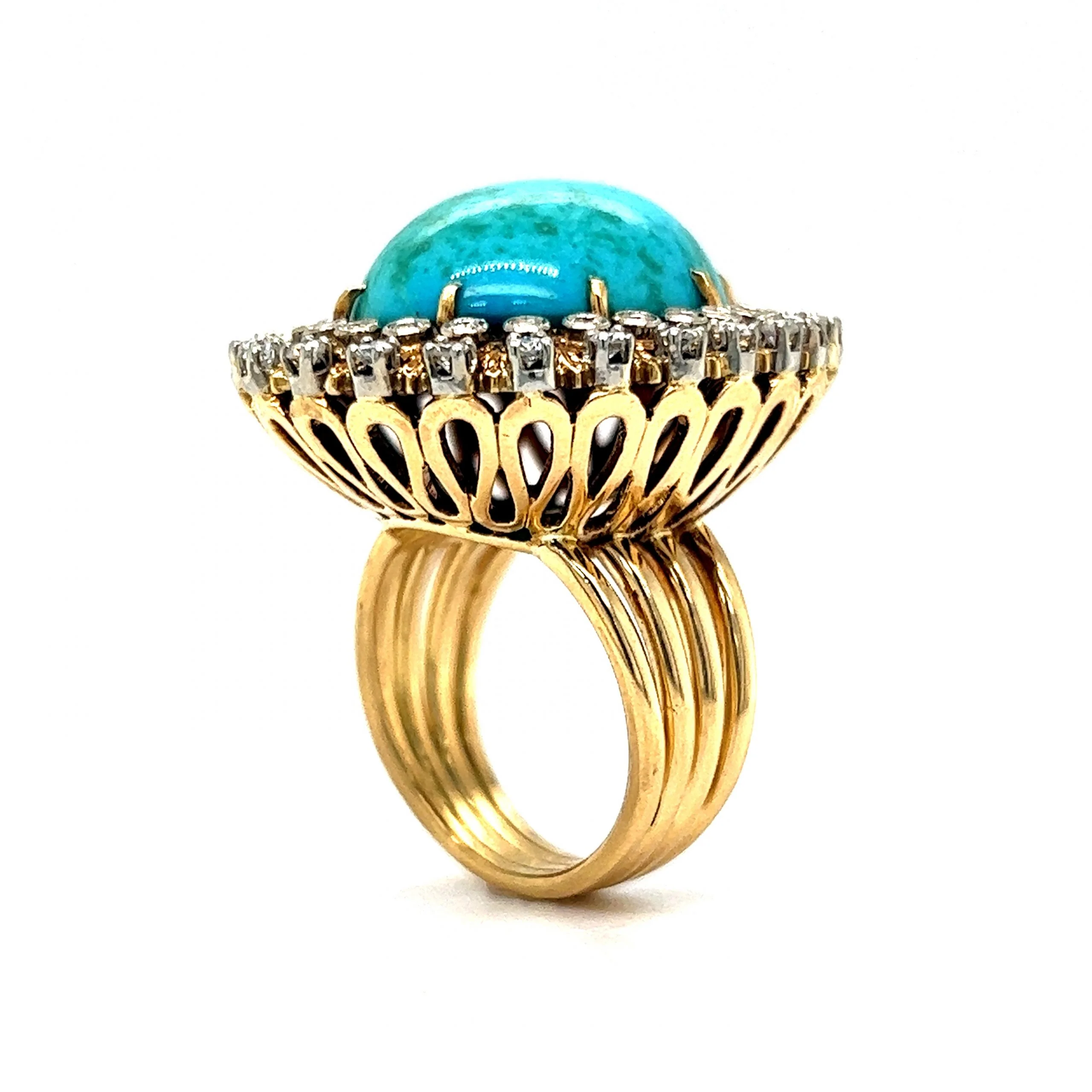 Vintage Double Diamond Halo Turquoise Ring in 18k Yellow Gold - Image 5