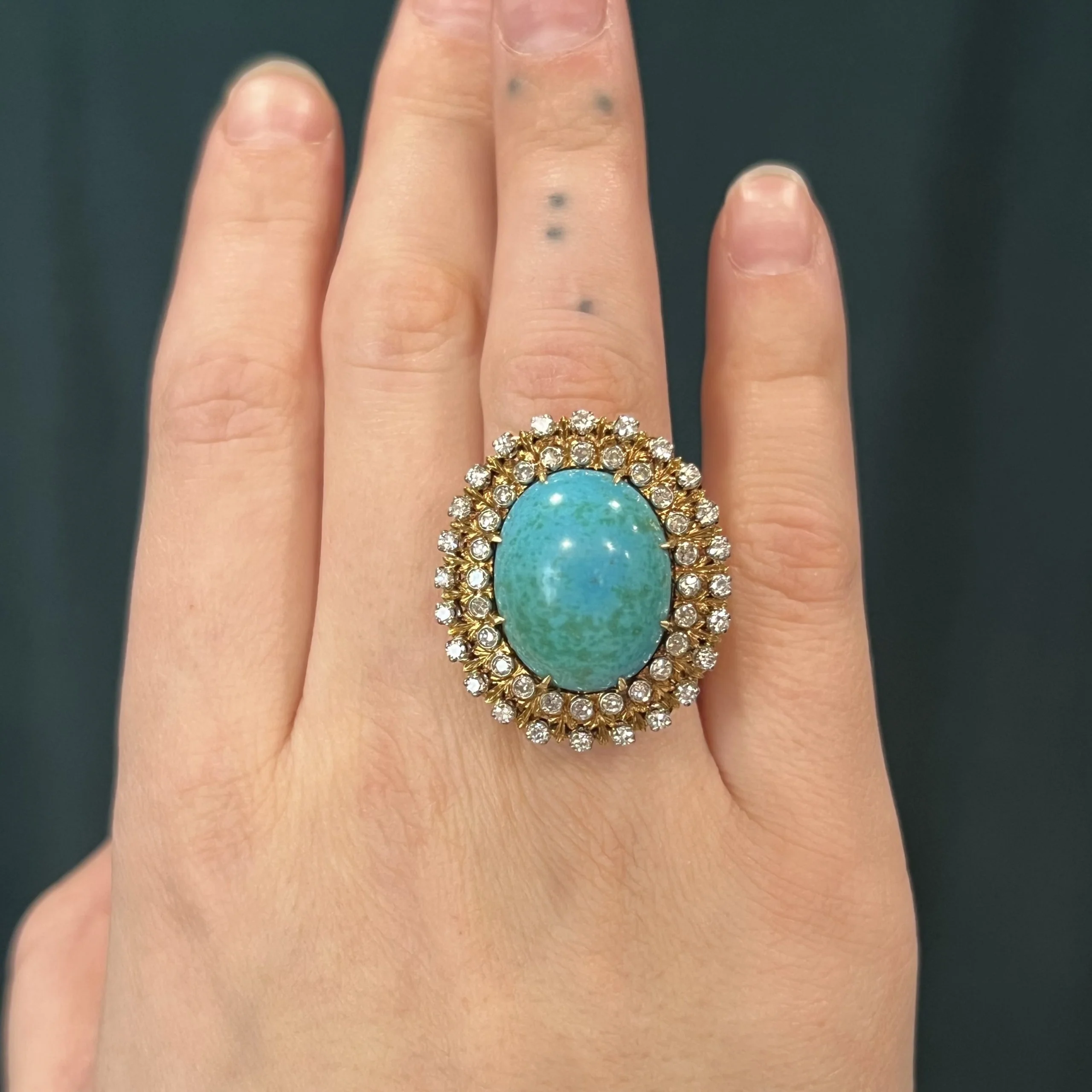 Vintage Double Diamond Halo Turquoise Ring in 18k Yellow Gold - Image 6