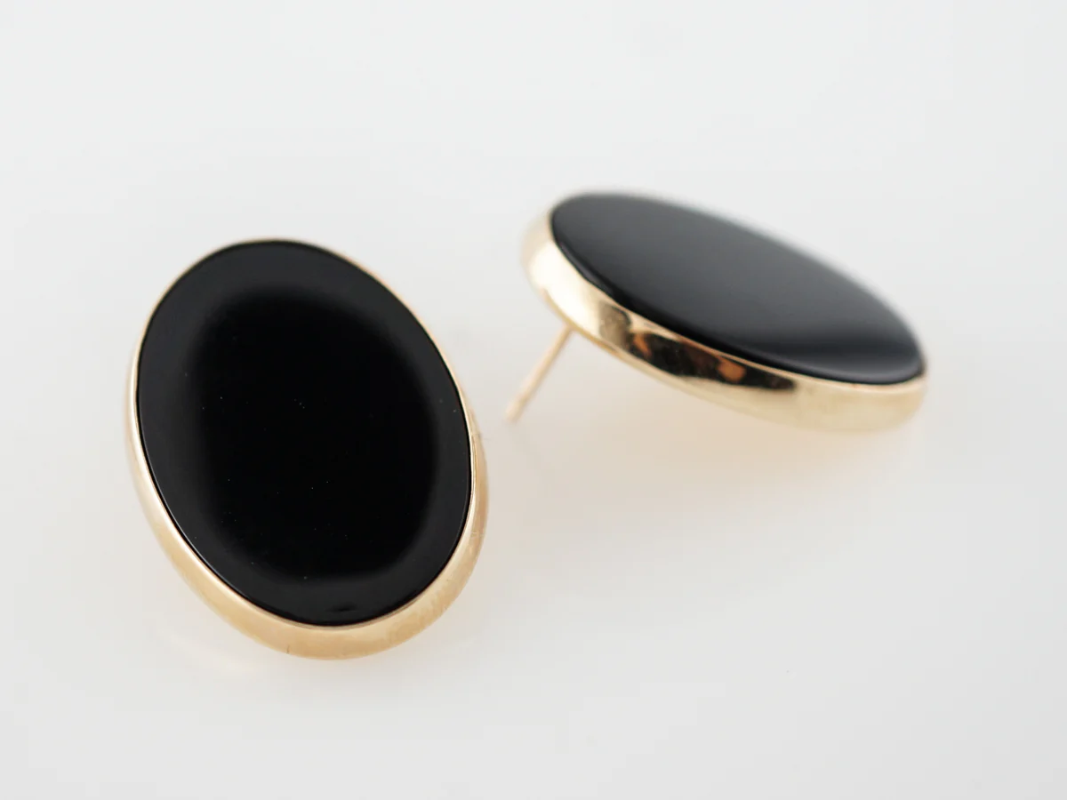 Vintage Earrings Mid-Century Cabochon Cut Onyx in 14K Yellow Gold - Image 3