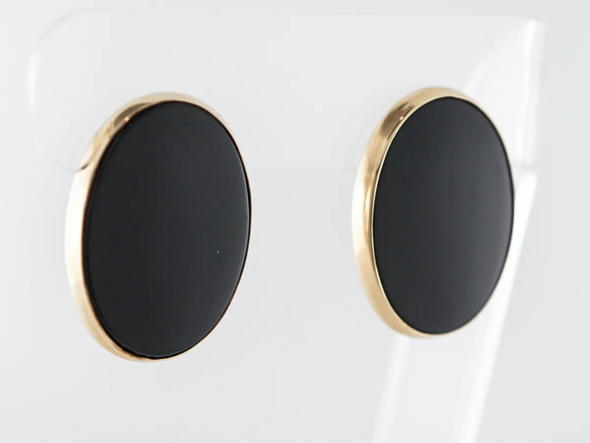 Vintage Earrings Mid-Century Cabochon Cut Onyx in 14K Yellow Gold - Image 4