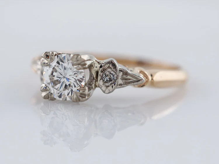 Vintage Engagement Ring Retro .51ct Round Brilliant Cut Diamond in 14k White & Yellow Gold - Image 3
