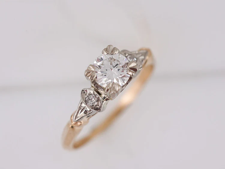 Vintage Engagement Ring Retro .51ct Round Brilliant Cut Diamond in 14k White & Yellow Gold - Image 4