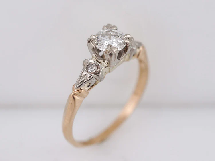 Vintage Engagement Ring Retro .51ct Round Brilliant Cut Diamond in 14k White & Yellow Gold - Image 5