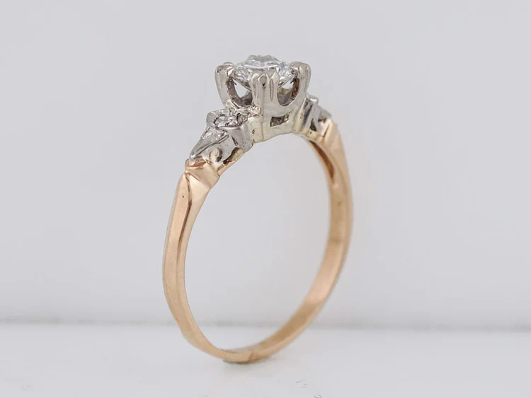 Vintage Engagement Ring Retro .51ct Round Brilliant Cut Diamond in 14k White & Yellow Gold - Image 6