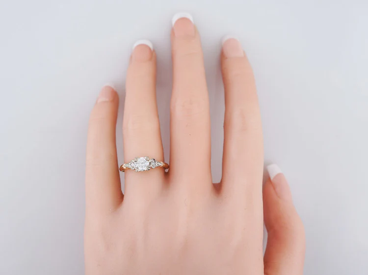 Vintage Engagement Ring Retro .51ct Round Brilliant Cut Diamond in 14k White & Yellow Gold - Image 8