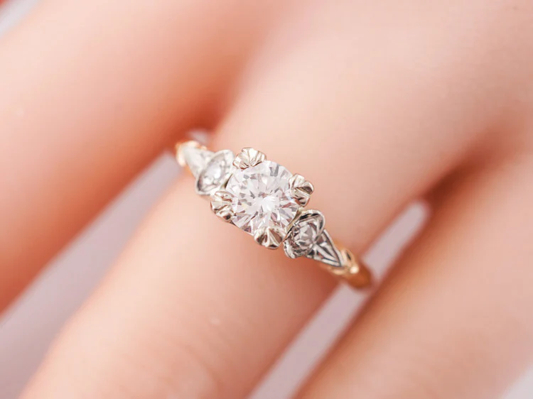 Vintage Engagement Ring Retro .51ct Round Brilliant Cut Diamond in 14k White & Yellow Gold - Image 9
