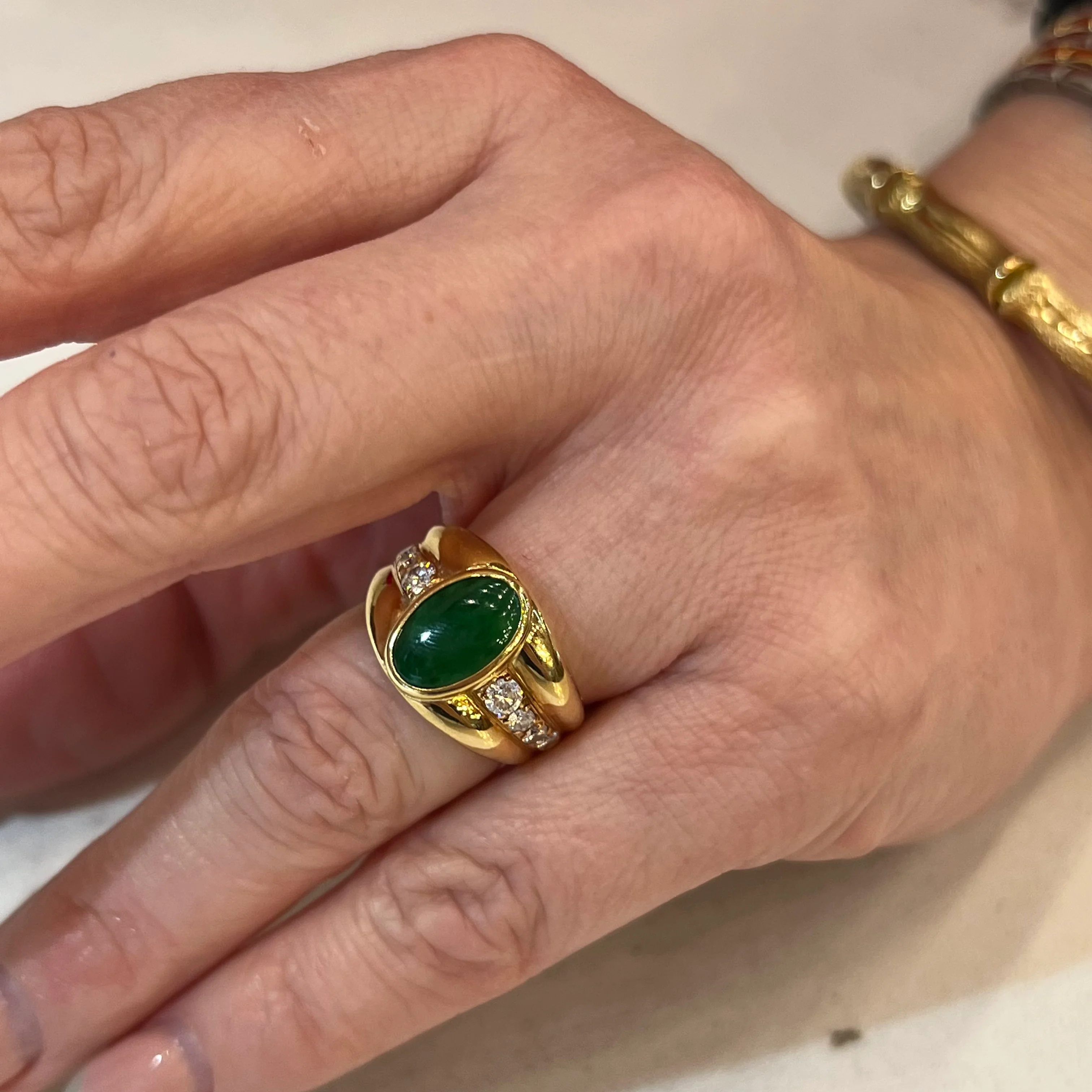 Vintage Inspired Jade & Diamond Ring in 18k Yellow Gold - Image 6