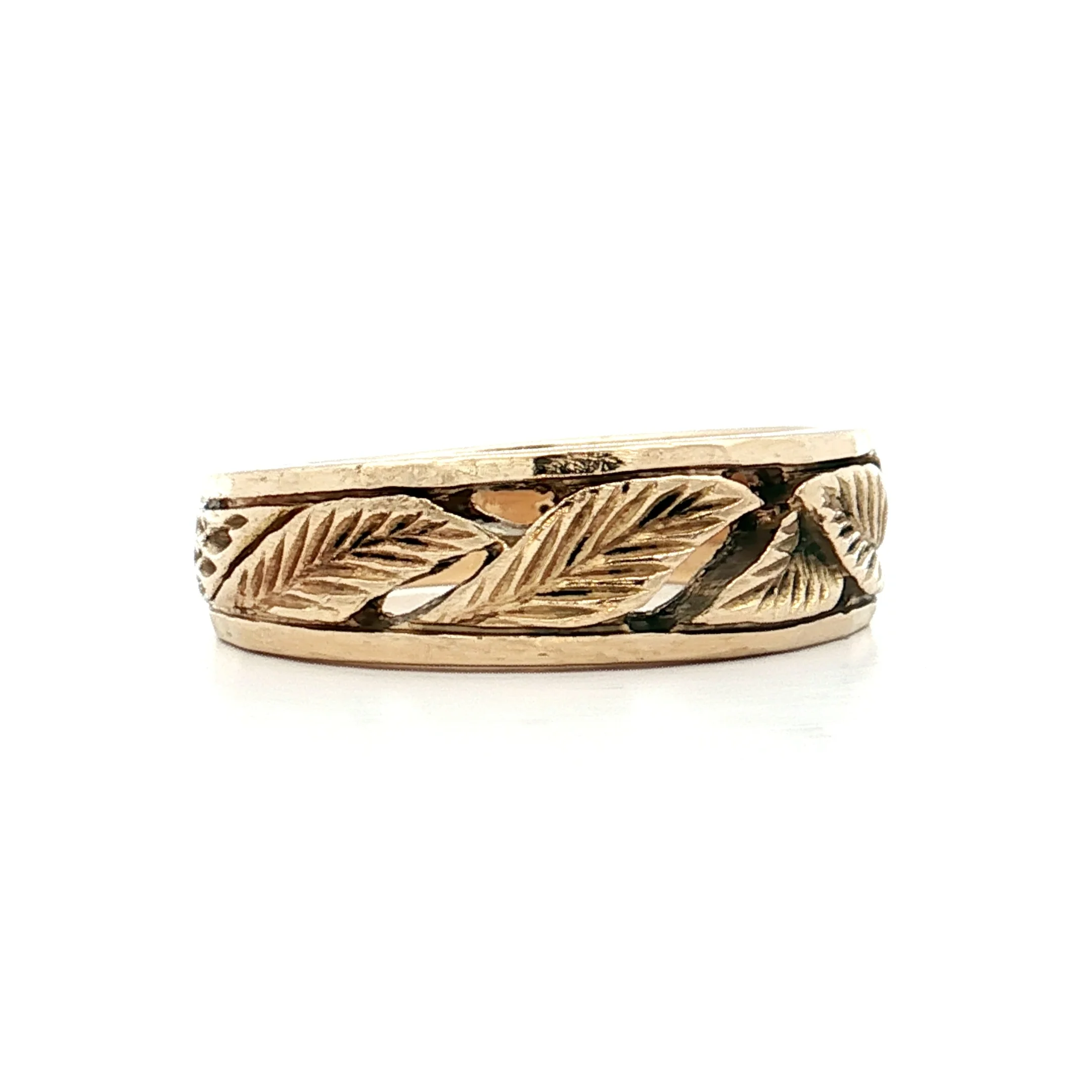 Vintage Mens Leaf Wedding Band 14k Yellow Gold - Image 3