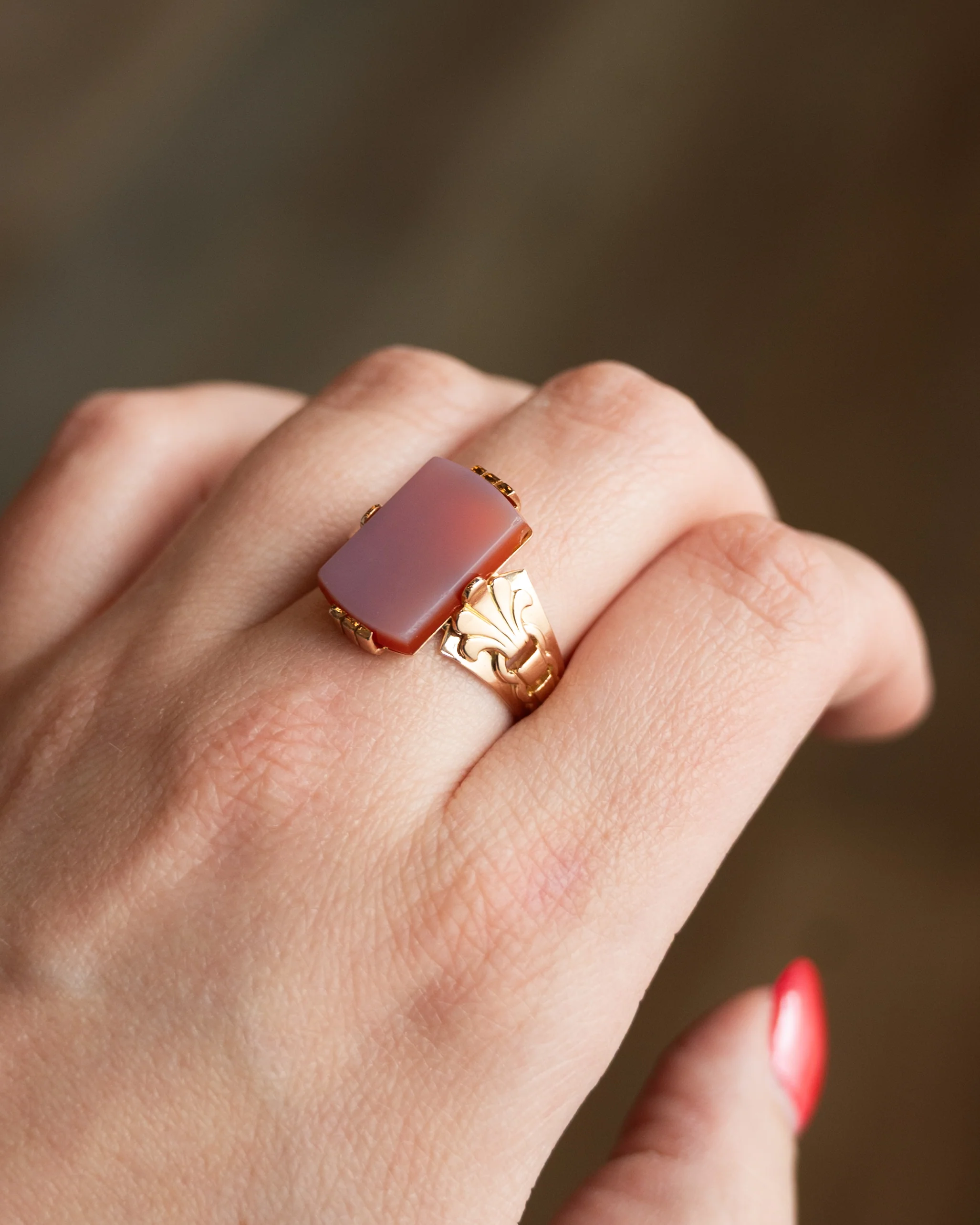 Vintage Mid-Century Agate Cocktail Ring 14k Rose Gold - Image 7