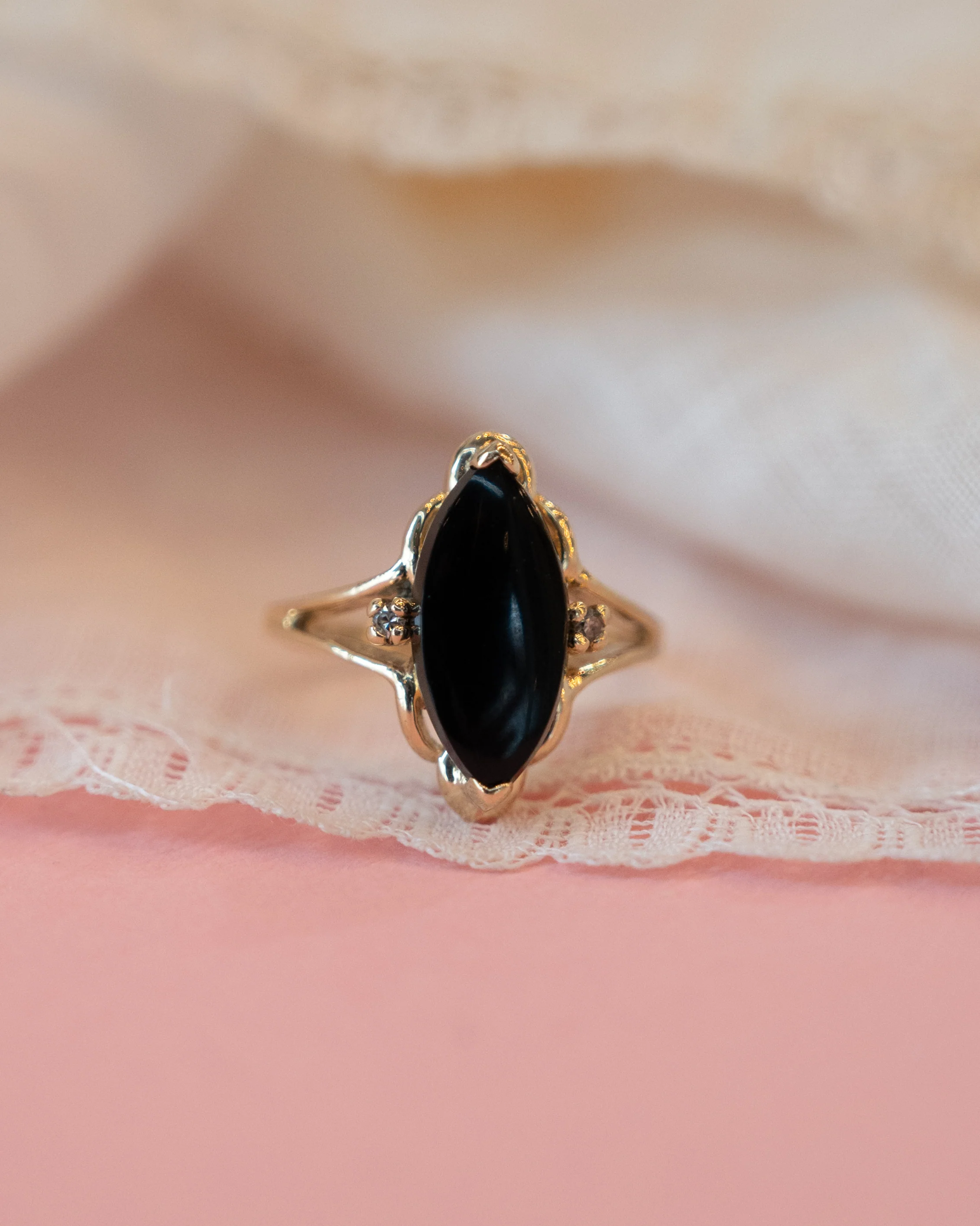 Vintage Mid-Century Diamond & Onyx Navette Ring 14k - Image 6