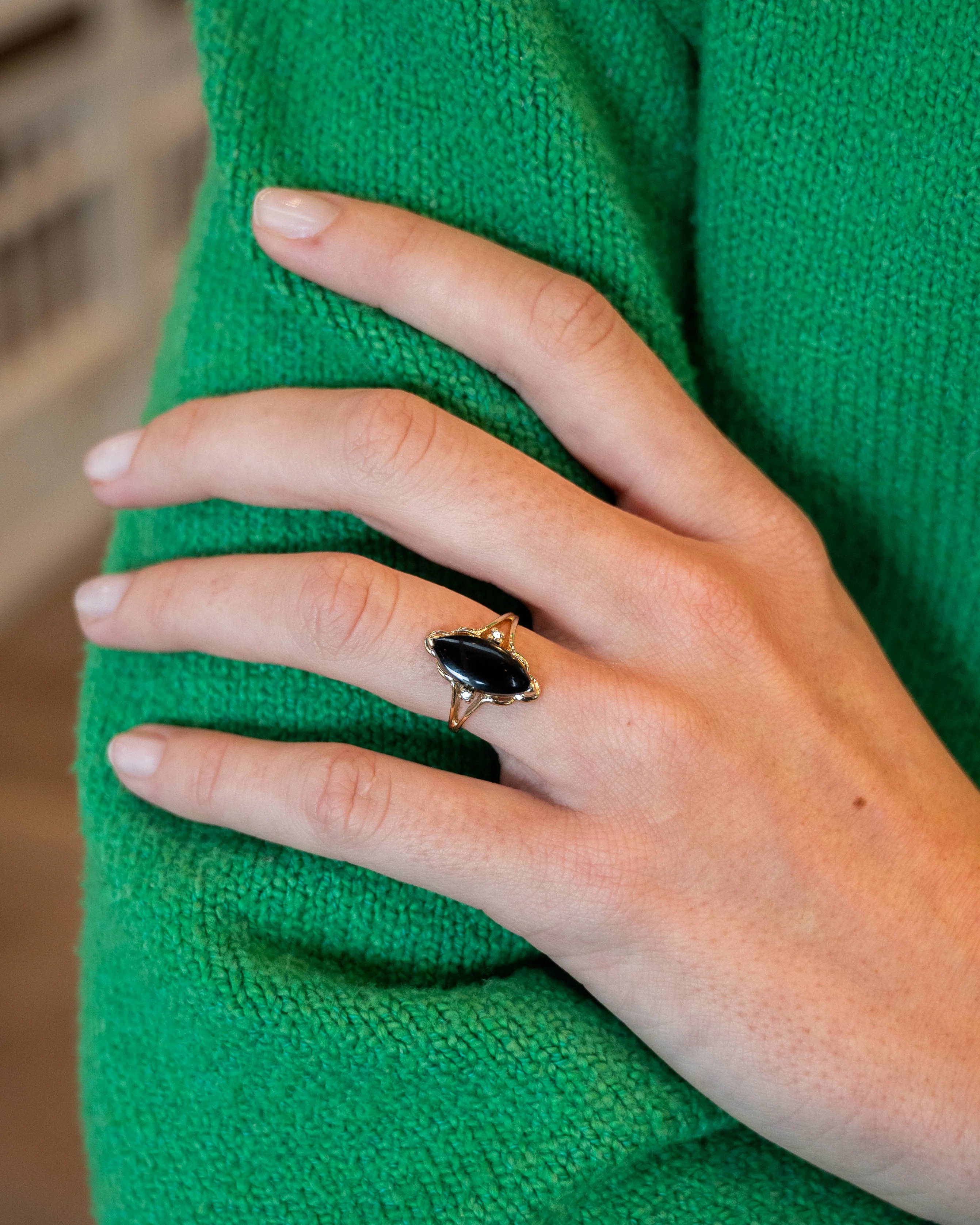 Vintage Mid-Century Diamond & Onyx Navette Ring 14k - Image 7