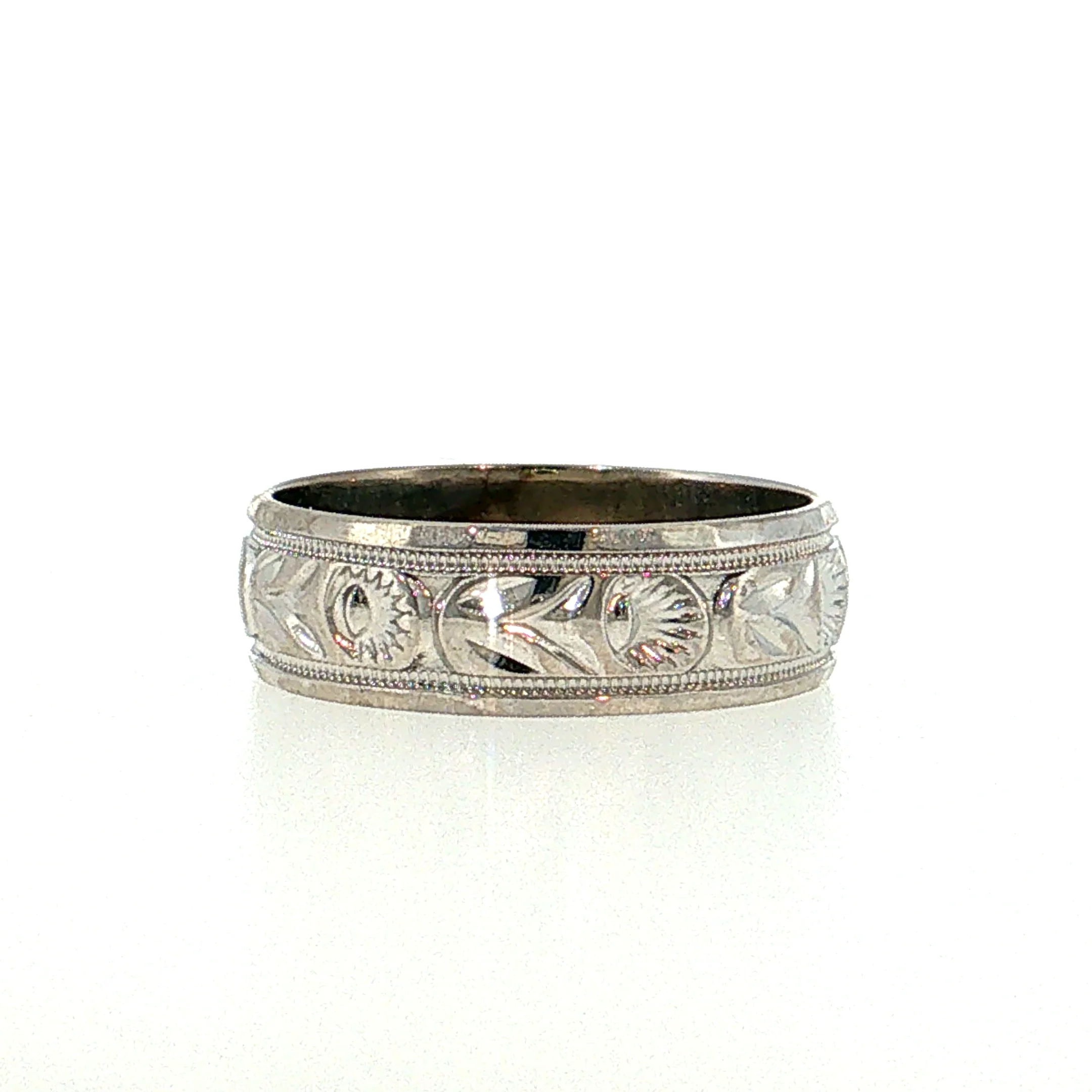 Vintage Mid-Century Engraved Wedding Band 14k White Gold