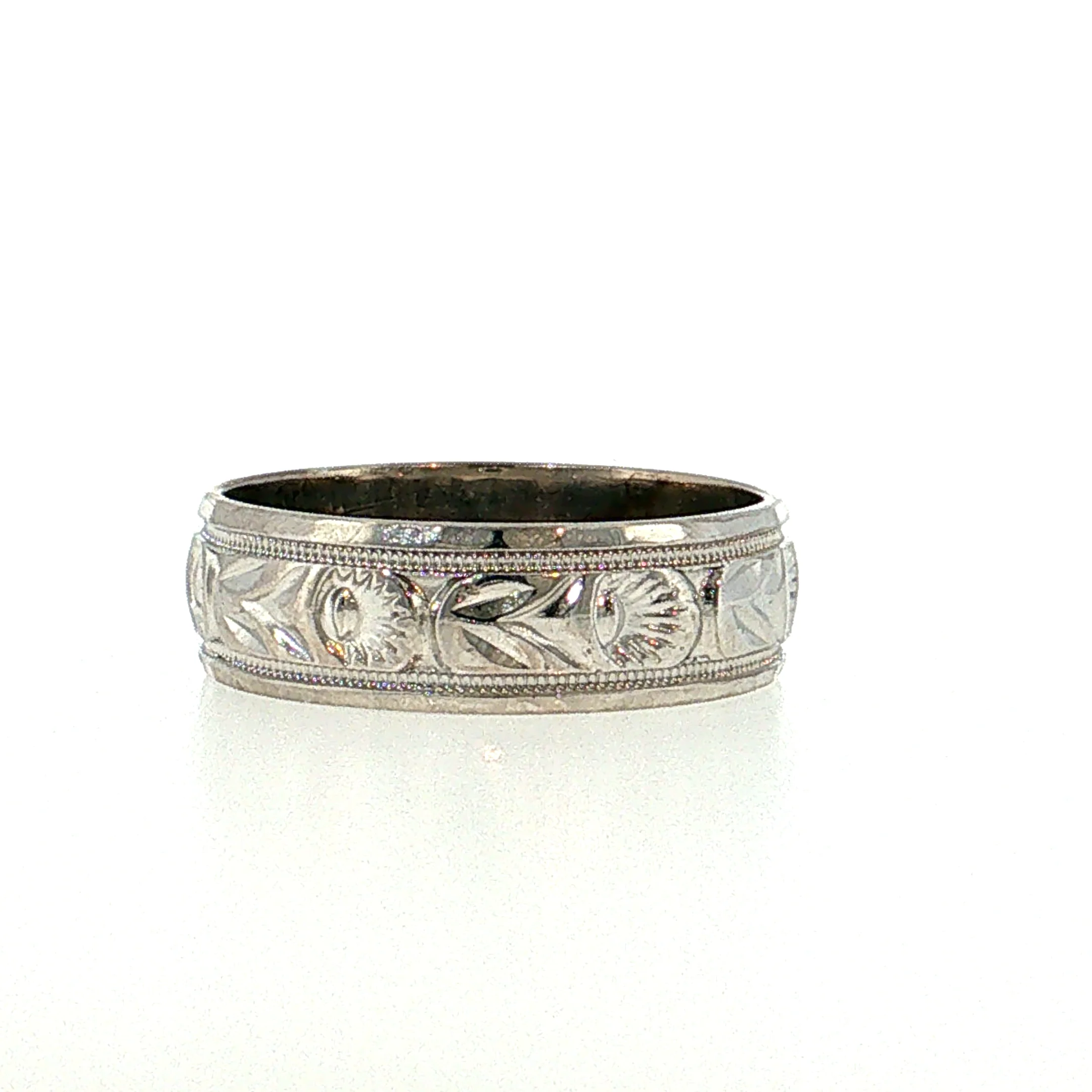 Vintage Mid-Century Engraved Wedding Band 14k White Gold - Image 2