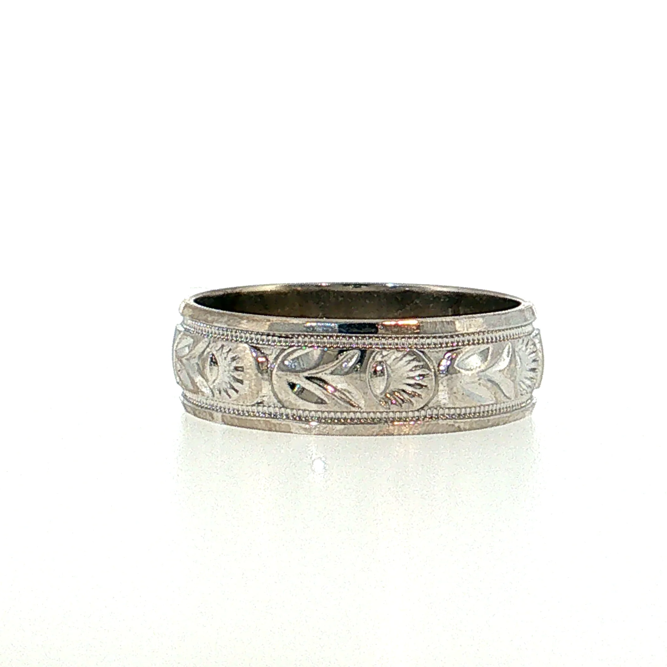 Vintage Mid-Century Engraved Wedding Band 14k White Gold - Image 3