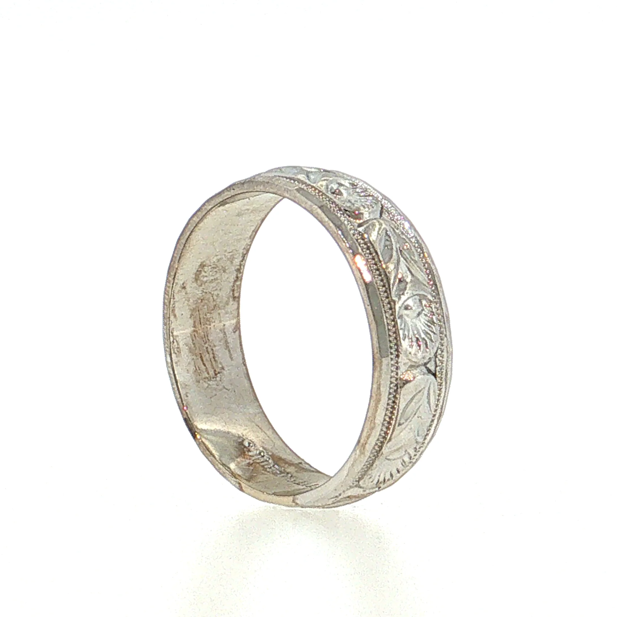 Vintage Mid-Century Engraved Wedding Band 14k White Gold - Image 5