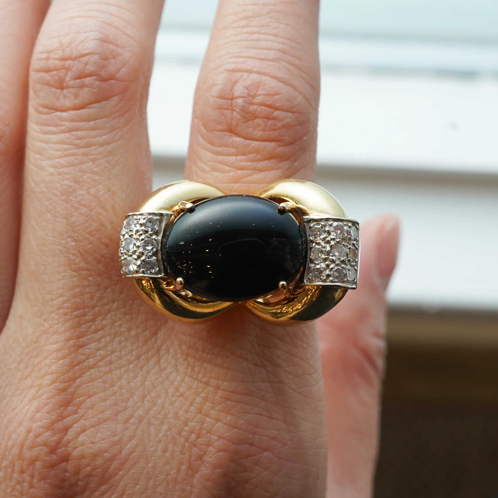 Vintage Onyx & Diamond Cocktail Ring 18k Yellow Gold - Image 7