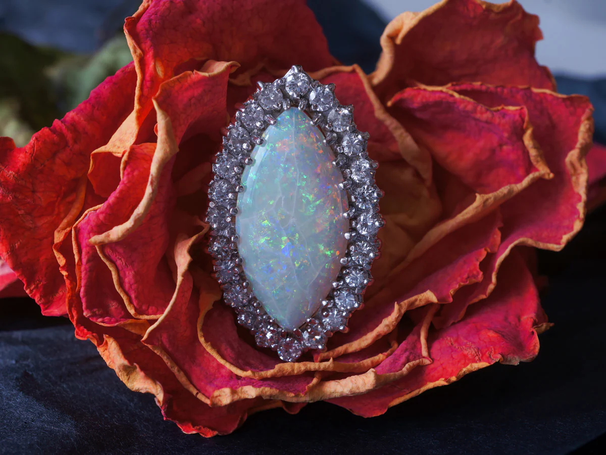 Vintage Opal & Diamond Ring 14k White & Yellow Gold - Image 5