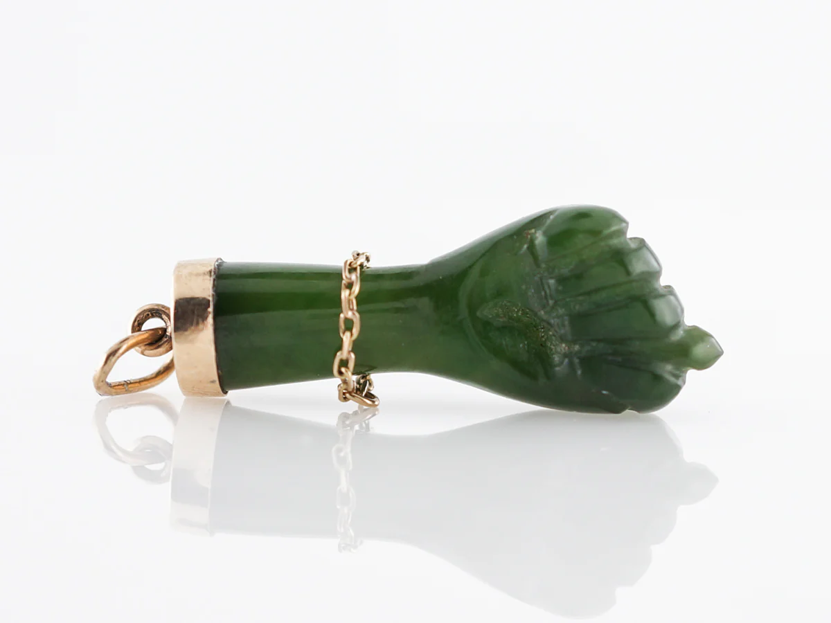 Vintage Pendant Nephrite Figa Charm Mid Century in 14k Yellow Gold
