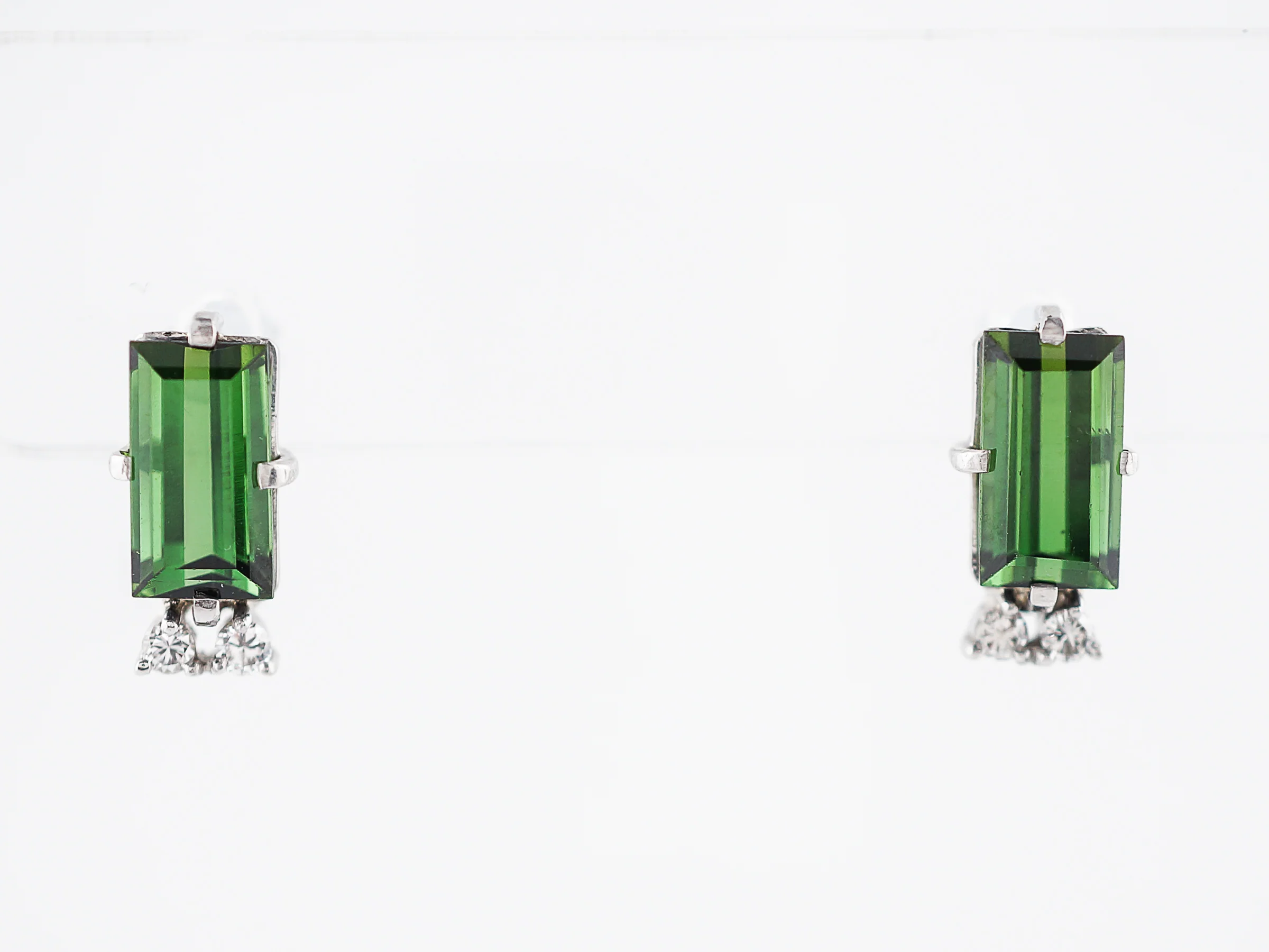 Vintage Post Earrings Retro 7.80 Rectangle Cut Chrome Tourmaline & .16 Round Brilliant Cut Diamonds in 14k White Gold