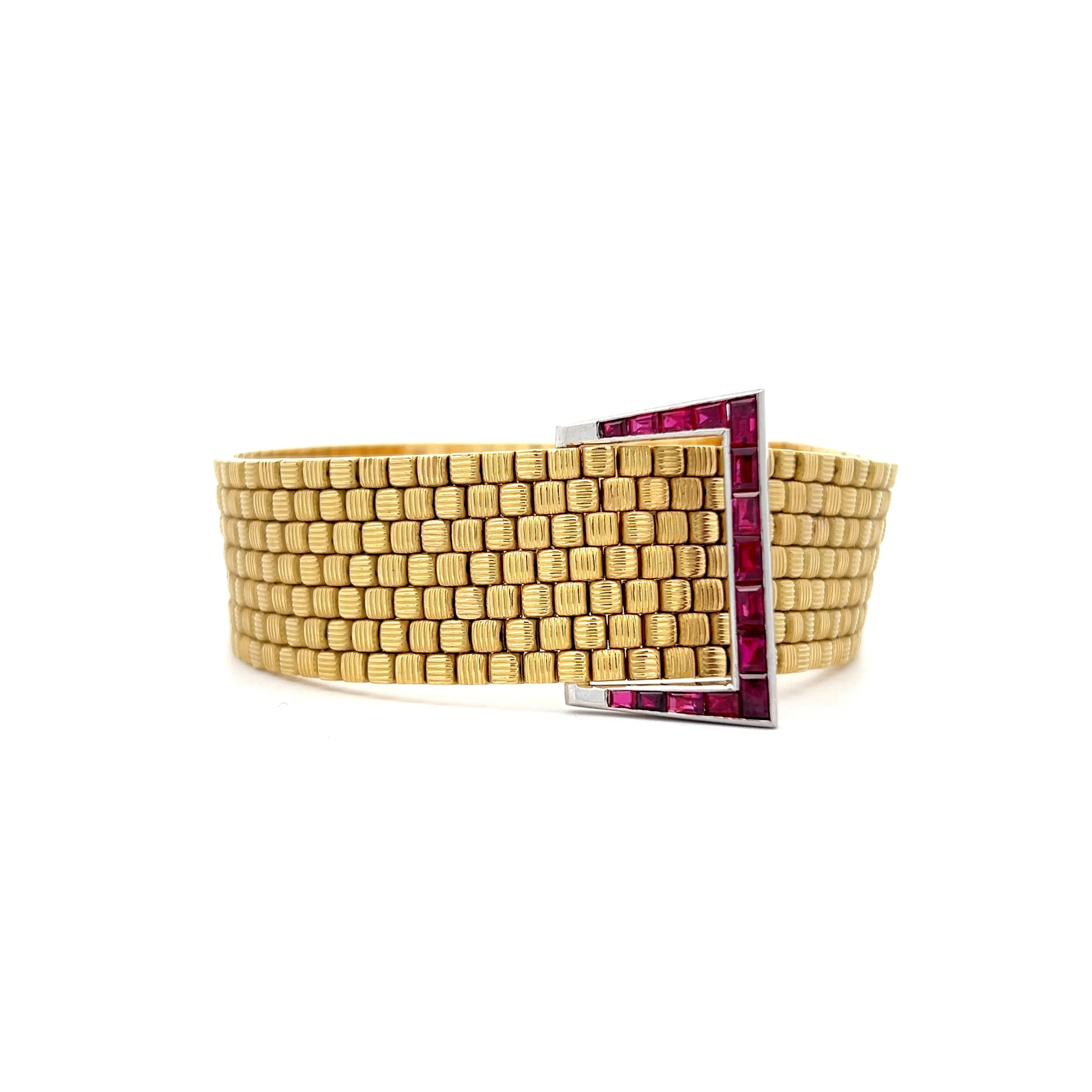 Vintage Retro Ruby Buckle Bracelet in 18k Yellow Gold